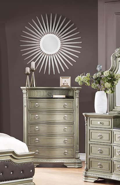 GTU Furniture 5-Piece Upholstered Solid Wood Queen Bedroom Set - Queen Bed, Dresser, Mirror, Chest & Nightstand in Jungle Green/Silver - Perfect for Modern Bedroom Decor & Guest Room Setup