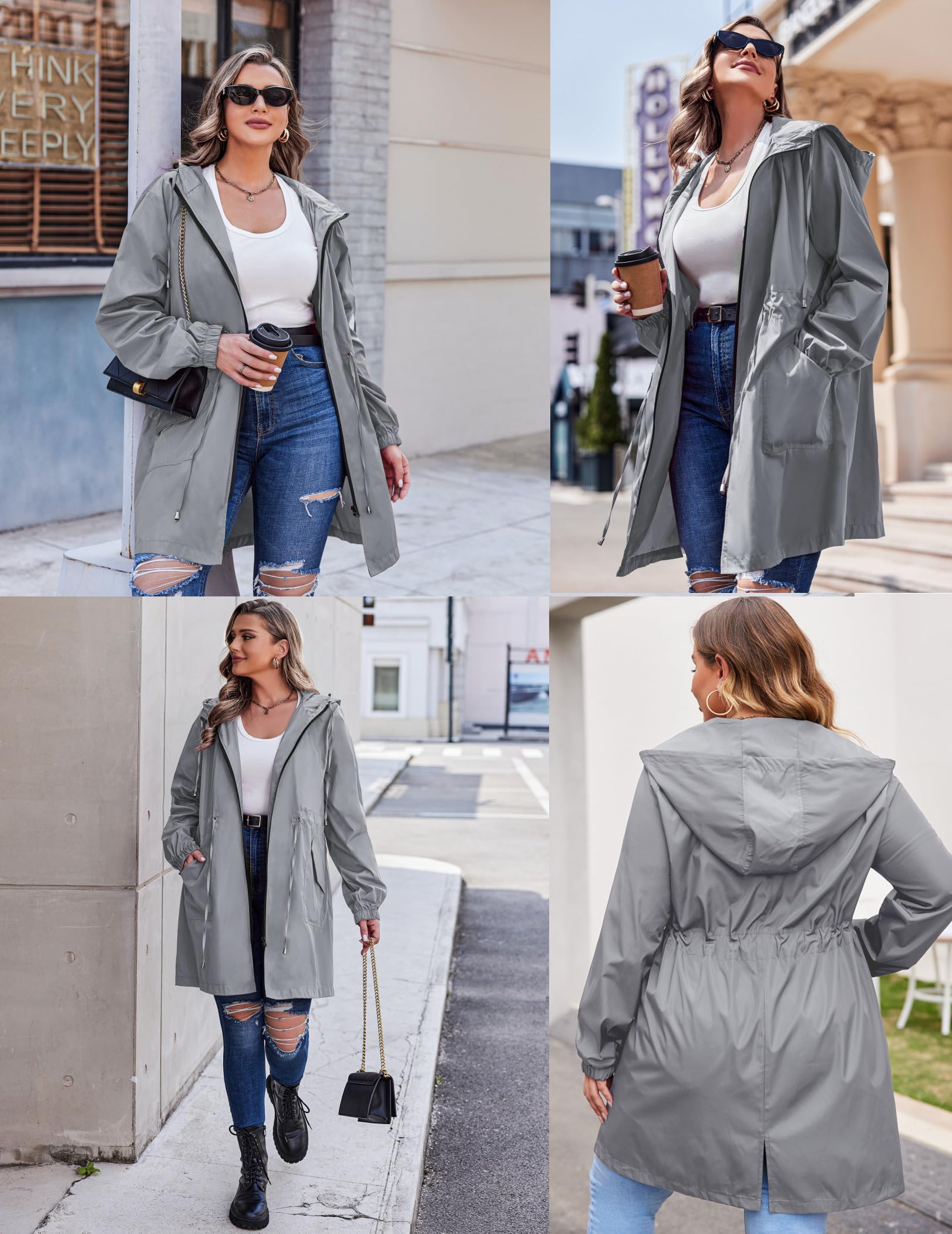 IN'VOLAND Women's Plus Size Lightweight Waterproof Rain Jacket with Hood & Pockets - Long Windbreaker Raincoat for Outdoor Activities, Commuting & Travel