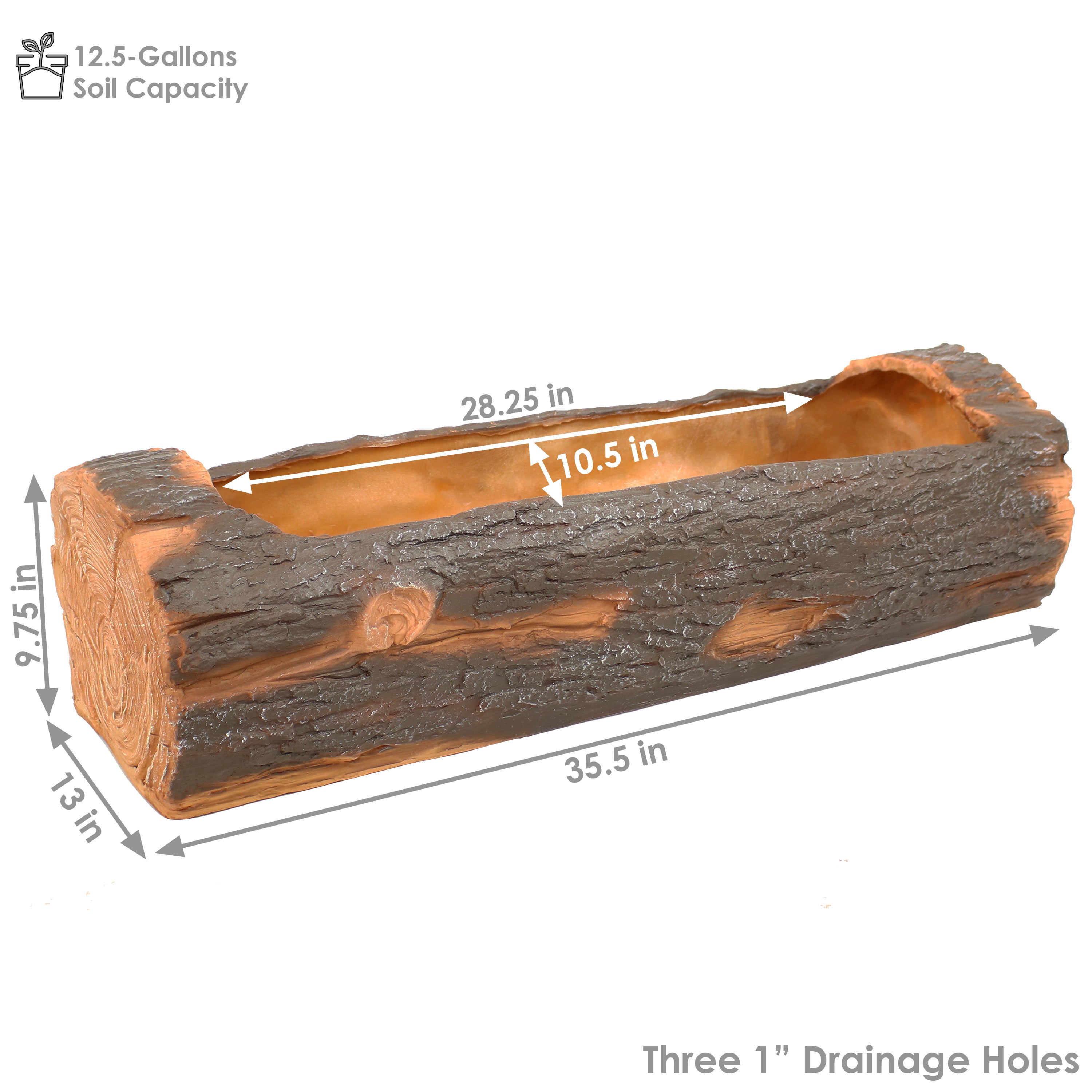 Rustic Polyresin Log Flower Pot Planter for Outdoor Garden Decor - 35 Inch Large Planter for Patio, Yard, and Landscape Design