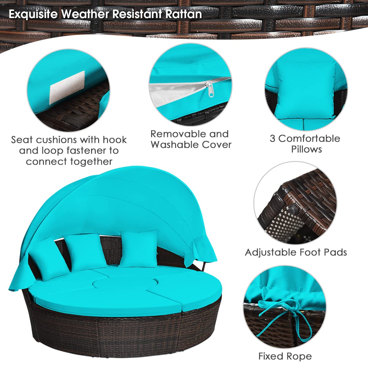 Tangkula Patio Round Daybed with Retractable Canopy - Outdoor Wicker Rattan Furniture Set with Cushioned Sectional Sofa & Adjustable Height Coffee Table - Turquoise Rattan Conversation Set for Garden, Poolside & Backyard Relaxation