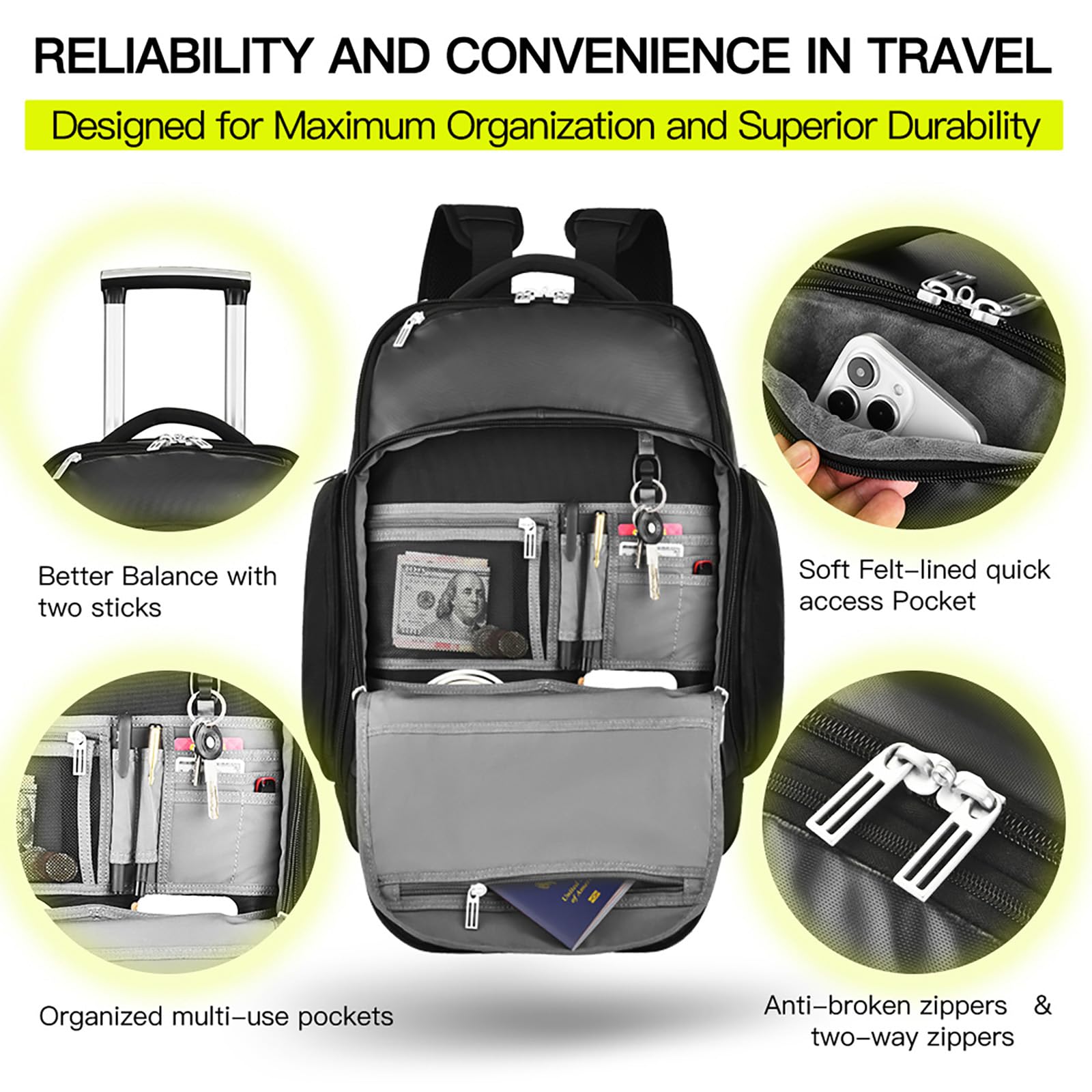 Best Rolling Laptop Bag with Wheels - Adjustable 13-17.3 Inch Wheeled Computer Backpack for Men & Women - Durable Carry-On Work Travel Bag for Business Trips & Commuting