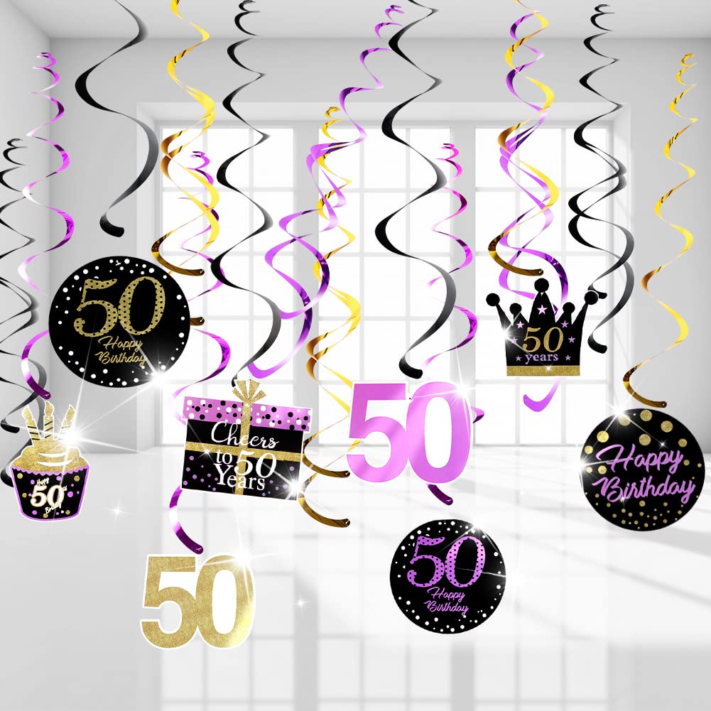 Elegant Purple & Gold 50th Birthday Party Decorations - Hanging Swirls for Women's Milestone Celebration | Perfect for 50 Years Old Birthday Party, Anniversary & Special Occasions