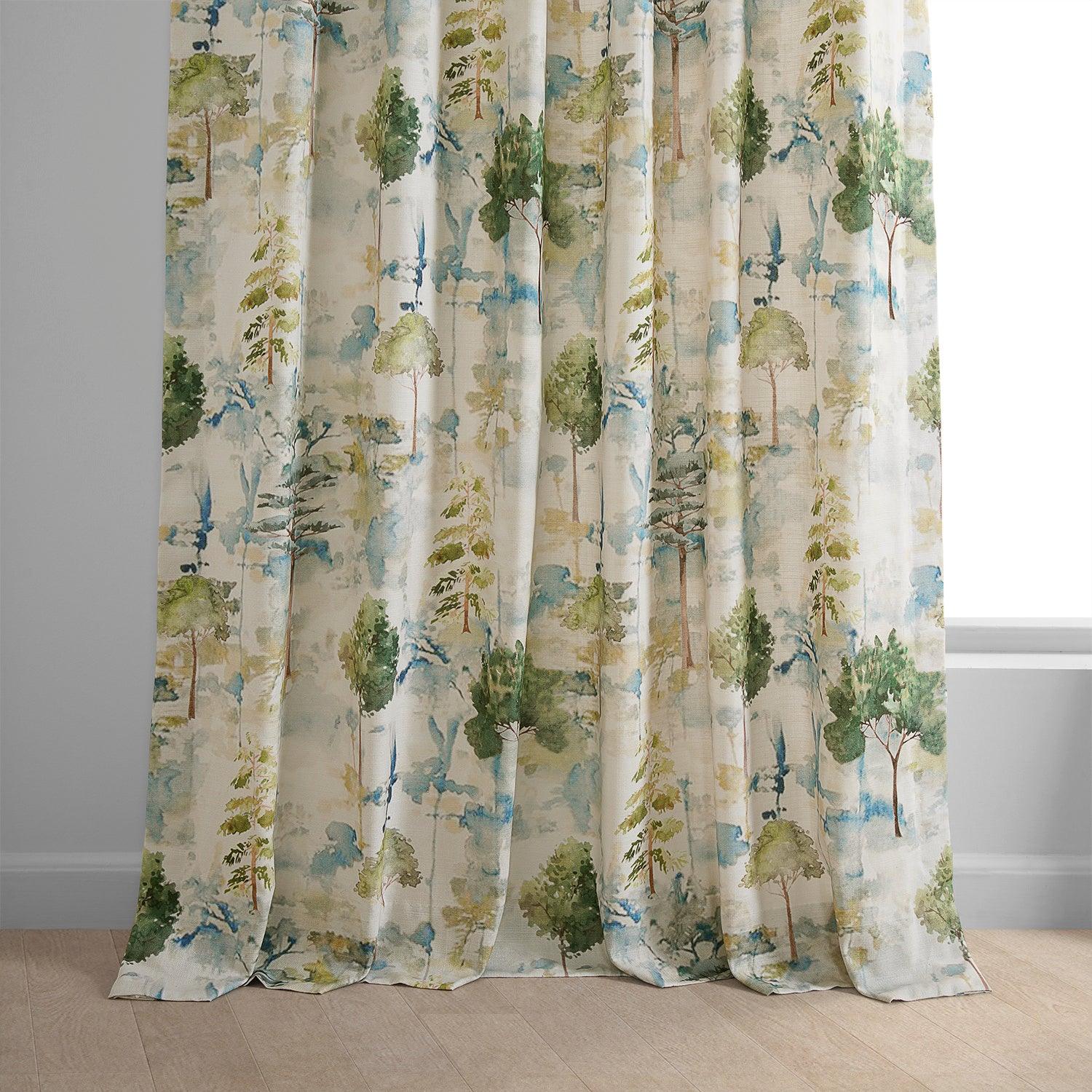 Grove Teal Blue Floral Textured Printed Cotton Curtains for Living Room & Bedroom - Light Filtering Window Drapes with Elegant Botanical Design