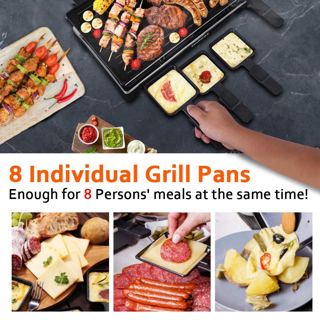 CUSIMAX Electric Raclette Grill & Korean BBQ - 2-in-1 Portable Tabletop Grill with Reversible Non-Stick Plates, Adjustable Temperature Control & 8 Paddles - Perfect for Indoor Parties, Cheese Melting & Crepe Making