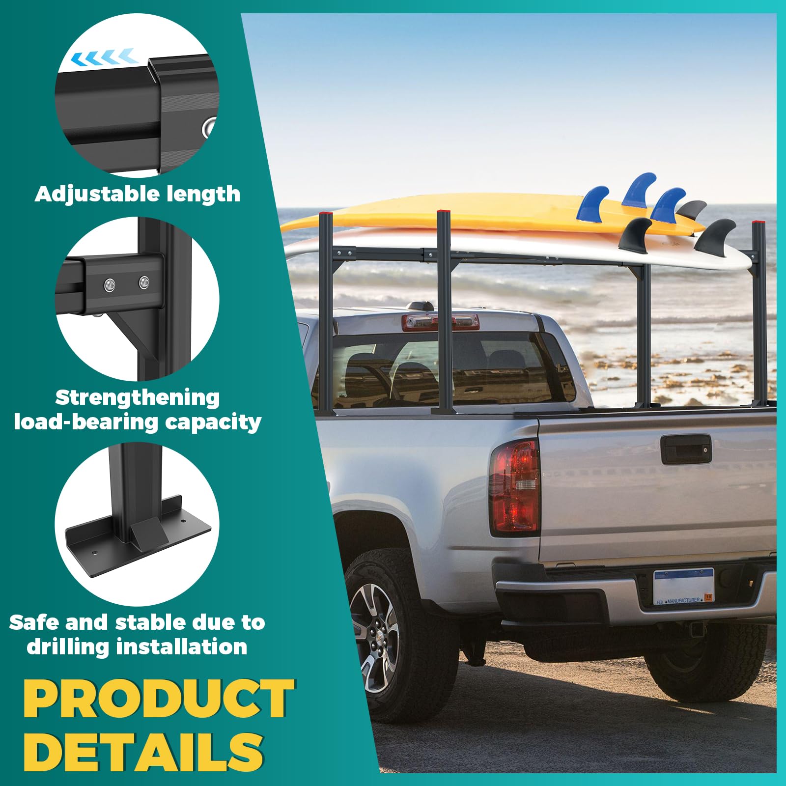 GORWARE 800 lbs Capacity Aluminum Adjustable Truck Ladder Rack - Universal Fit for Pickup Trucks, Black | Heavy Duty Ladder Carrier for Construction & Roofing Work