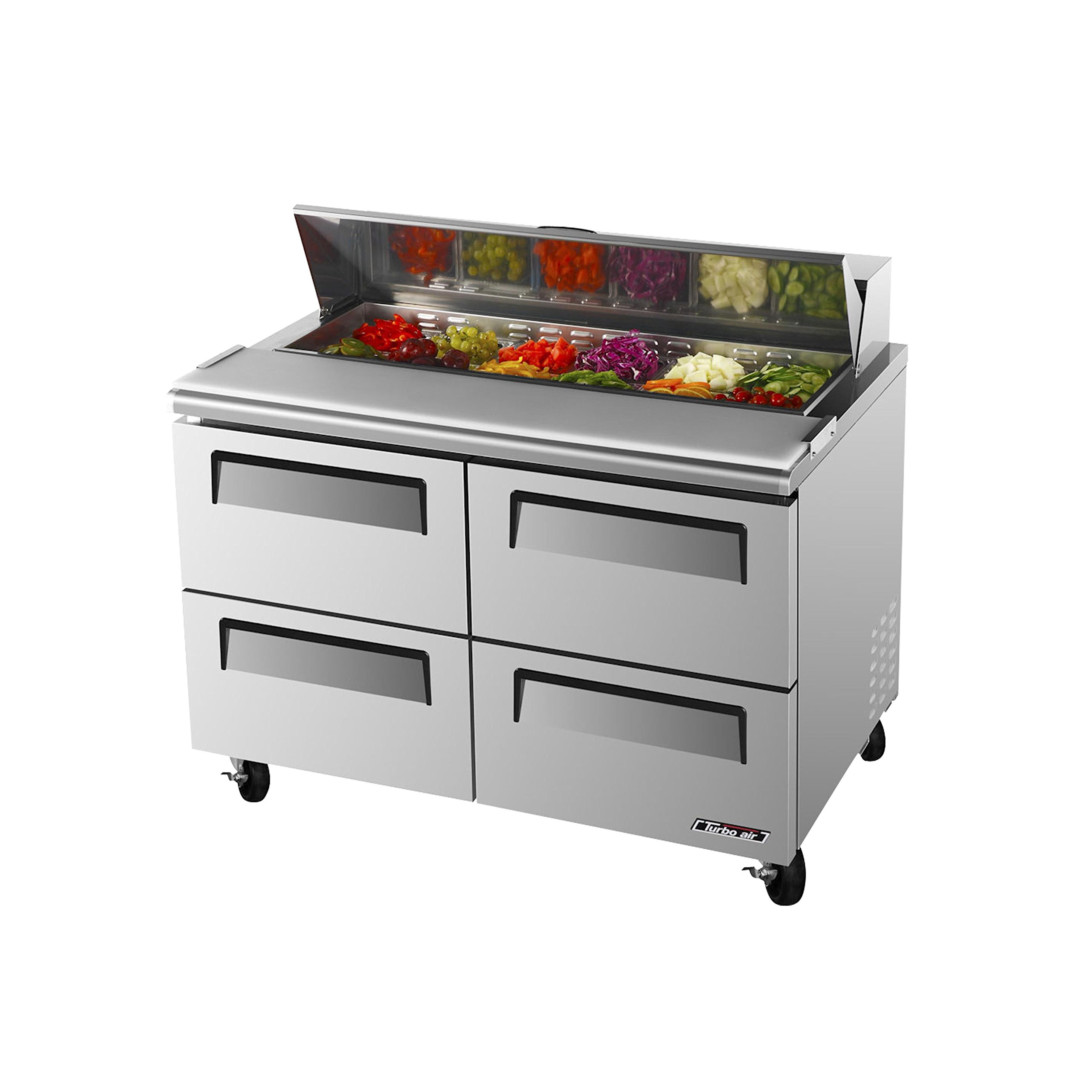 Turbo Air Super Deluxe 12-Pan 4-Drawer Stainless Steel Commercial Refrigerated Sandwich Salad Prep Table for Restaurants, Delis & Catering Businesses
