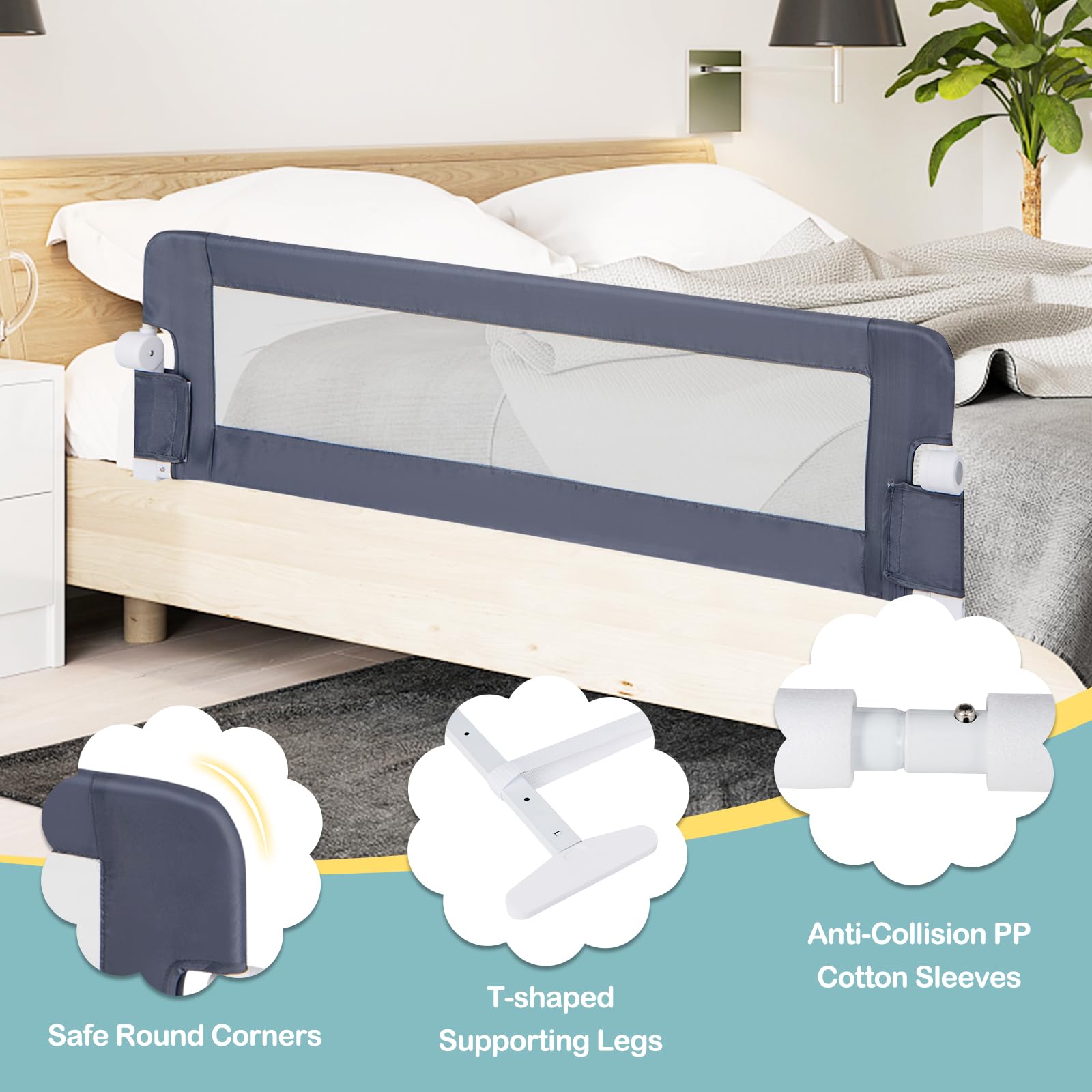BABY JOY 2-Pack Extra Long Double Sided Swing Down Bed Rail Guard - Folding Safety Bedrail for Convertible Crib & Toddler Beds (Twin/Full/Queen/King Mattress, Dark Gray, 60
