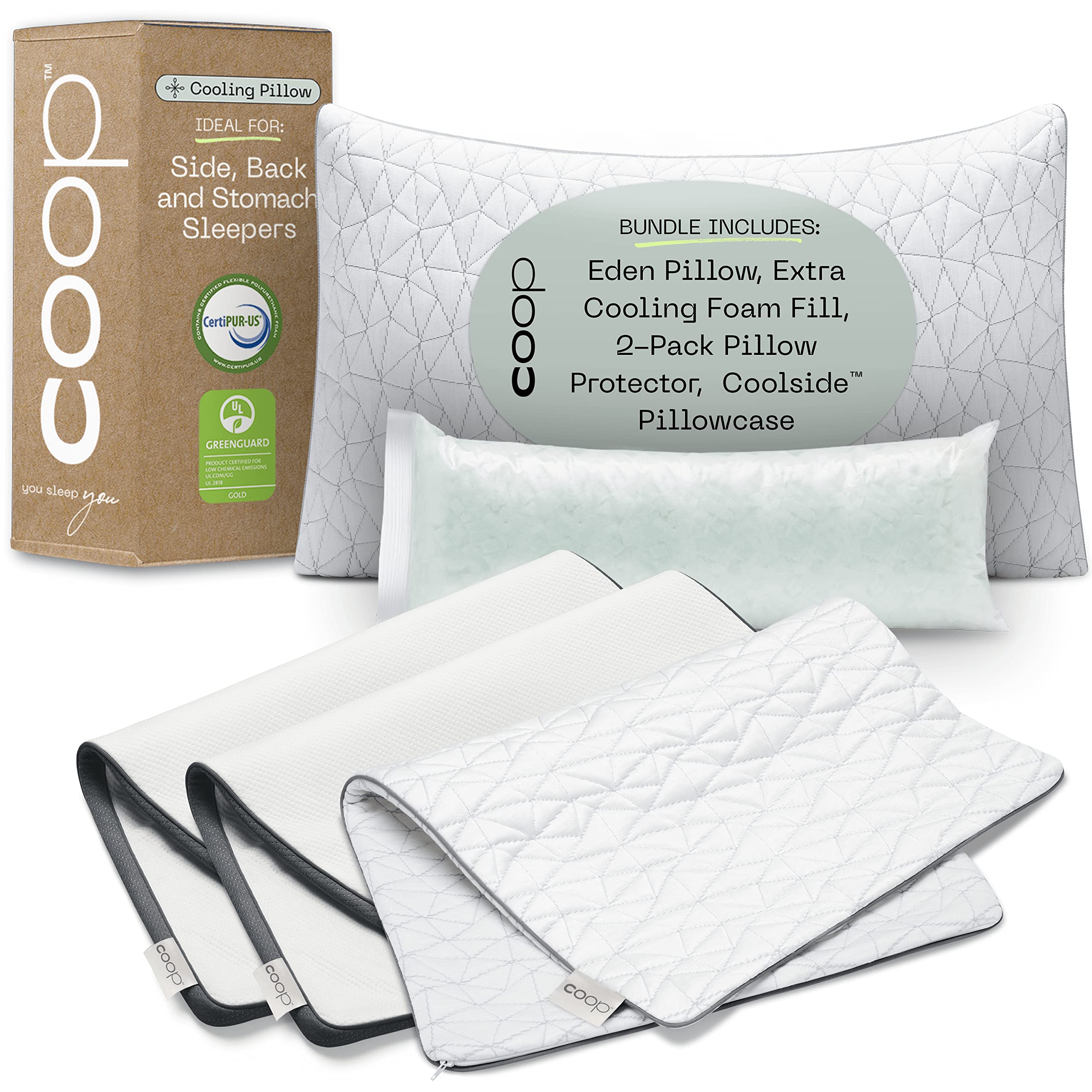 Coop Home Goods Eden Pillow Queen Size with Cooling Pillowcase & Waterproof Protectors - Hypoallergenic Bed Pillow Set for Side, Back & Stomach Sleepers - Perfect for Hot Sleepers & Allergy Relief