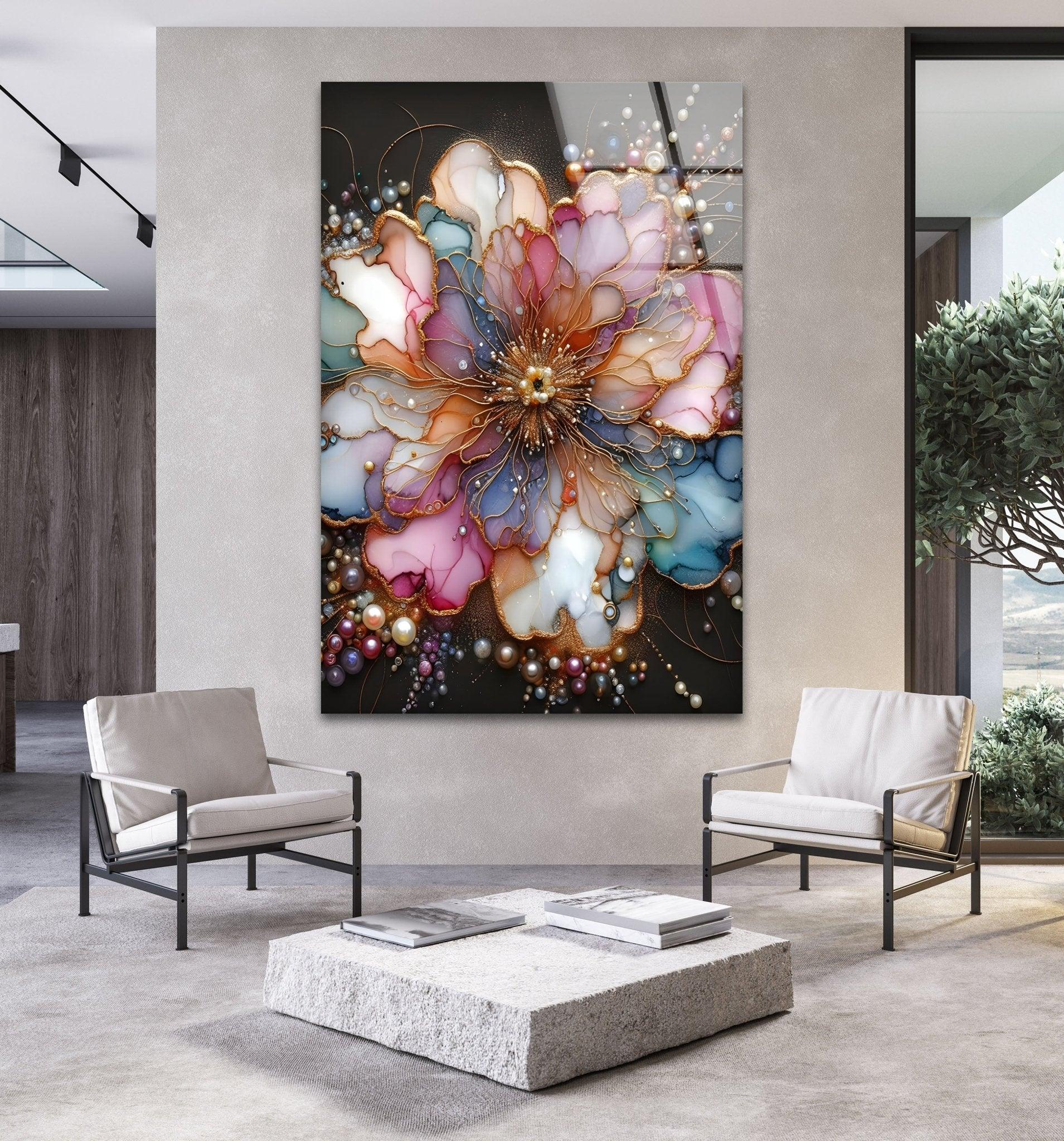 Abstract Floral Pearl Glass Wall Art - Elegant Home Decor for Living Room, Bedroom & Office - Perfect Gift for Housewarming & Wedding