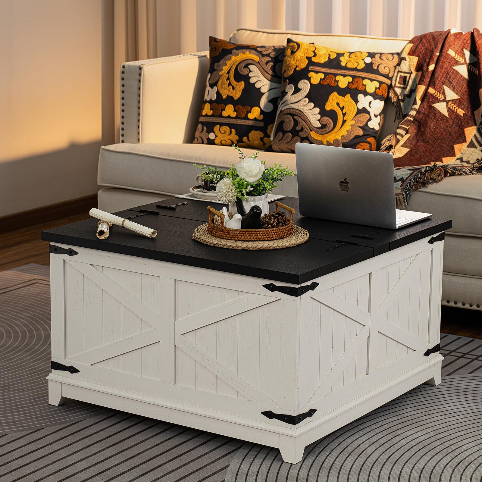 Farmhouse Coffee Table Set of 3 with Charging Station & Hidden Storage - Rustic 3-Piece Living Room Furniture for Home & Office - Perfect for Family Gatherings & Remote Work