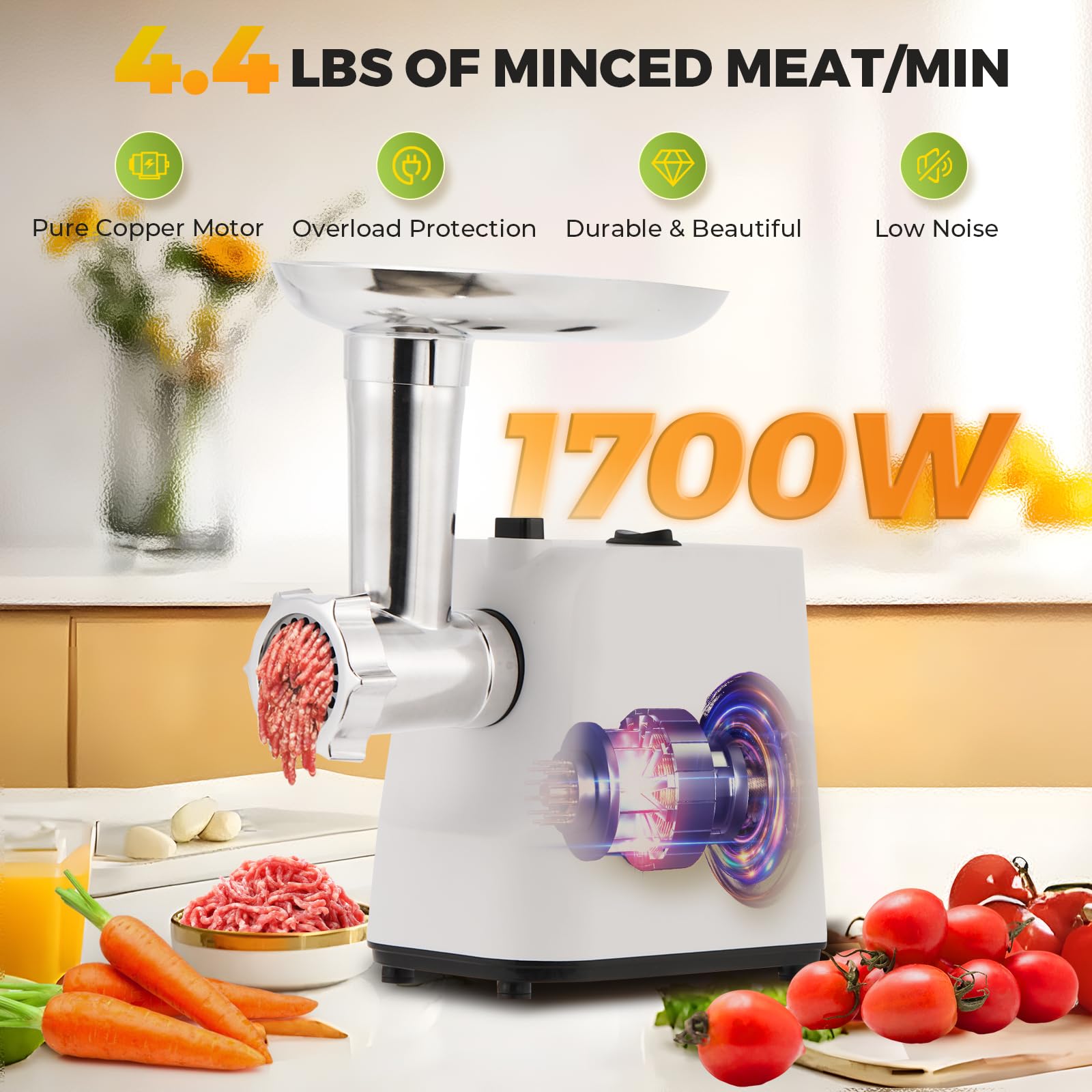 1700W Electric Meat Grinder - 9-in-1 Stainless Steel Kitchen Appliance with Sausage Maker, Kubbe Kit & 3 Grinding Plates - Perfect for Home Cooking, Juicing & Food Prep