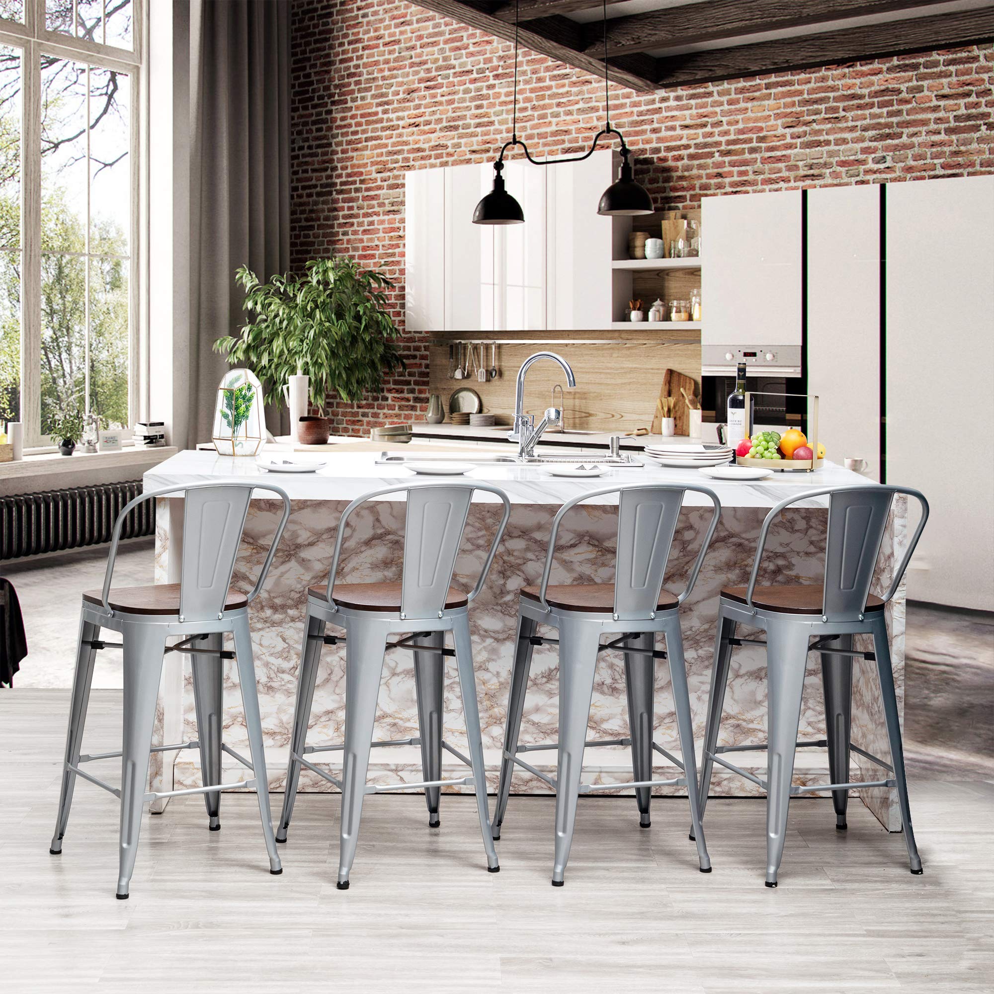 Yongchuang 30 Inch Metal Bar Stools Set of 4 - High Back Counter Height Kitchen & Dining Chairs with Wood Top, Silver - Perfect for Home Bars, Kitchen Islands & Breakfast Nooks