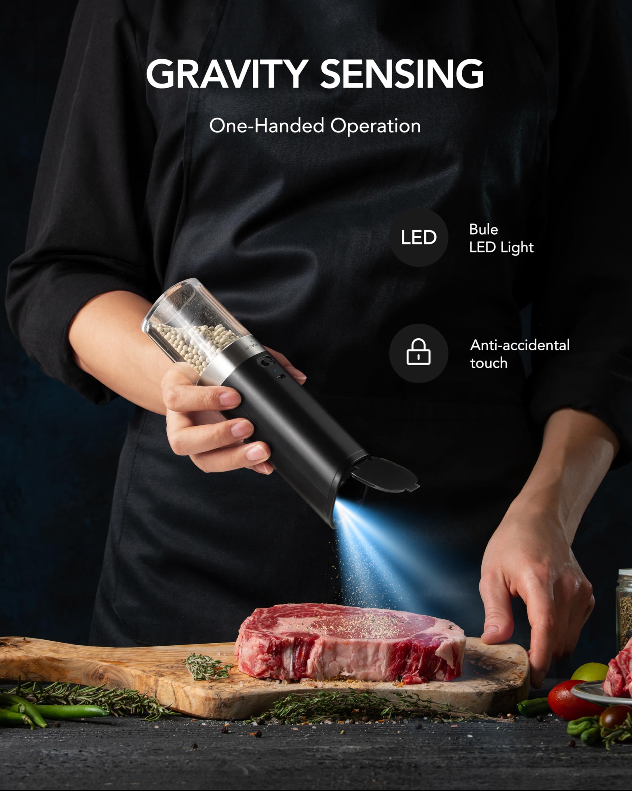 Premium Gravity-Operated USB Rechargeable Salt and Pepper Grinder Set with Adjustable Coarseness - Integrated Dust Cover, Portable for Travel, Outdoor BBQ & Kitchen Use (White & Black) - Perfect for Camping, Picnics & Home Cooking
