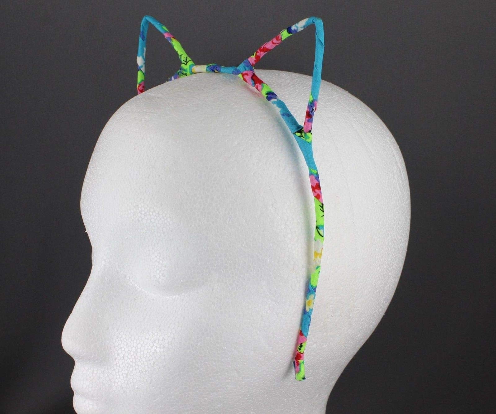 Teal Floral Cat Ears Headband for Women - Cute Kitten Hair Band with Flowers for Cosplay, Halloween Costume, Anime Convention & Themed Parties