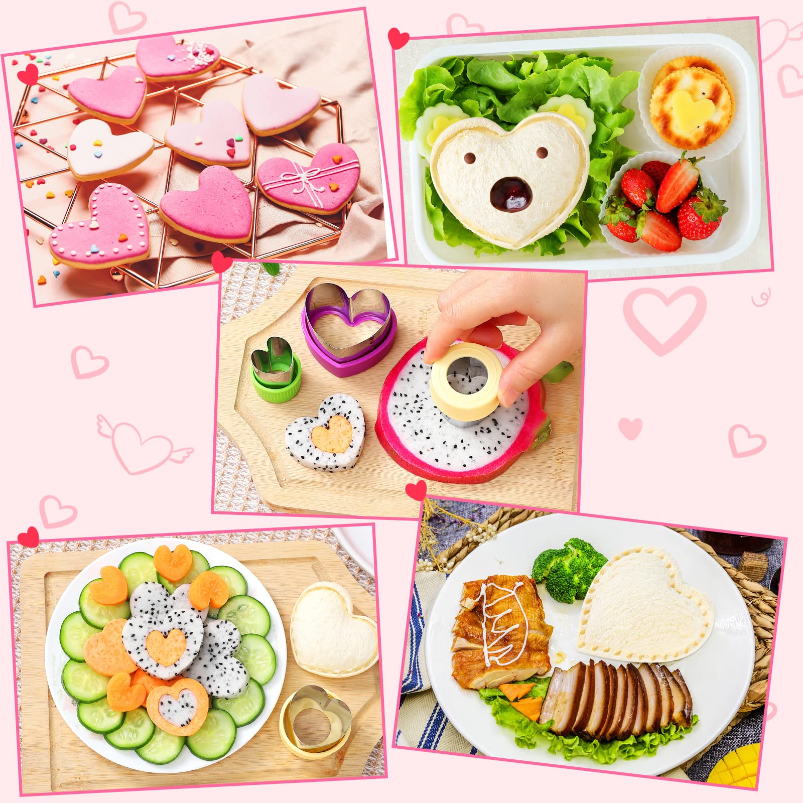 Heart Sandwich Cutter and Sealer Set - 5 Pcs Stainless Steel Valentine's Day Heart Shaped Cookie Cutters for Fruits, Vegetables, Cakes, Biscuits & Sandwiches - Perfect for Romantic Breakfast, Baking, and Party Food Decorations