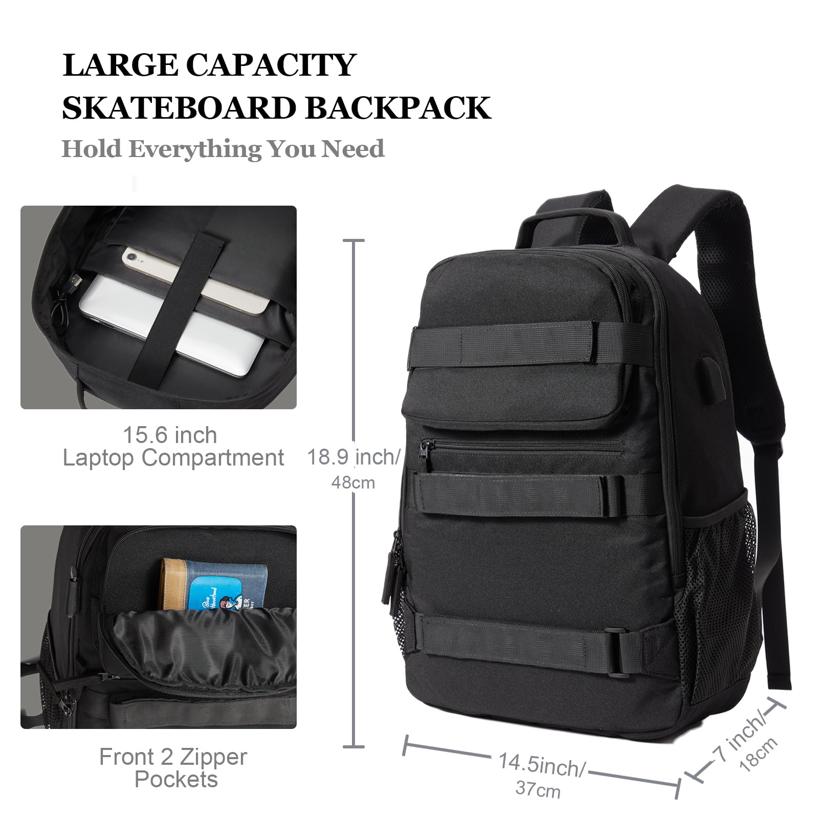 **Skateboard Backpack for Men & Women - Large Durable Skateboard Bag with USB Charging Port, Laptop Compartment - Perfect for Skateboarding, College, Travel & Commuting (Black)**
