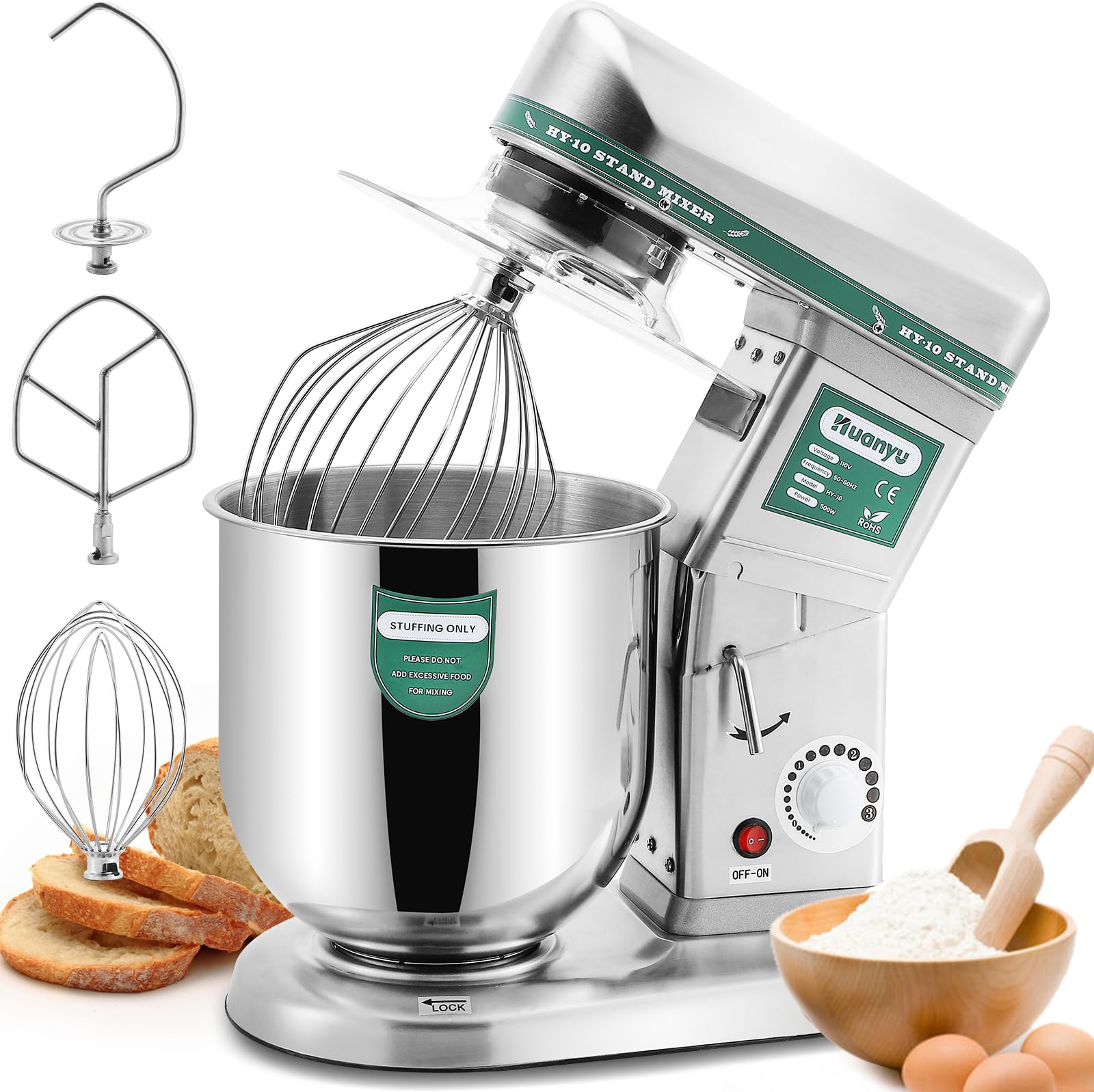 Huanyu 10QT 500W Commercial Stand Mixer - Heavy Duty Electric Dough Blender with Stainless Steel Bowl, Dough Hook, Flat Beater & Whisk - 3-in-1 Multifunctional Food Mixing Machine for Baking, Cooking & Pastry Making (110V) - Perfect for Bakeries, Restaurants & Home Kitchens