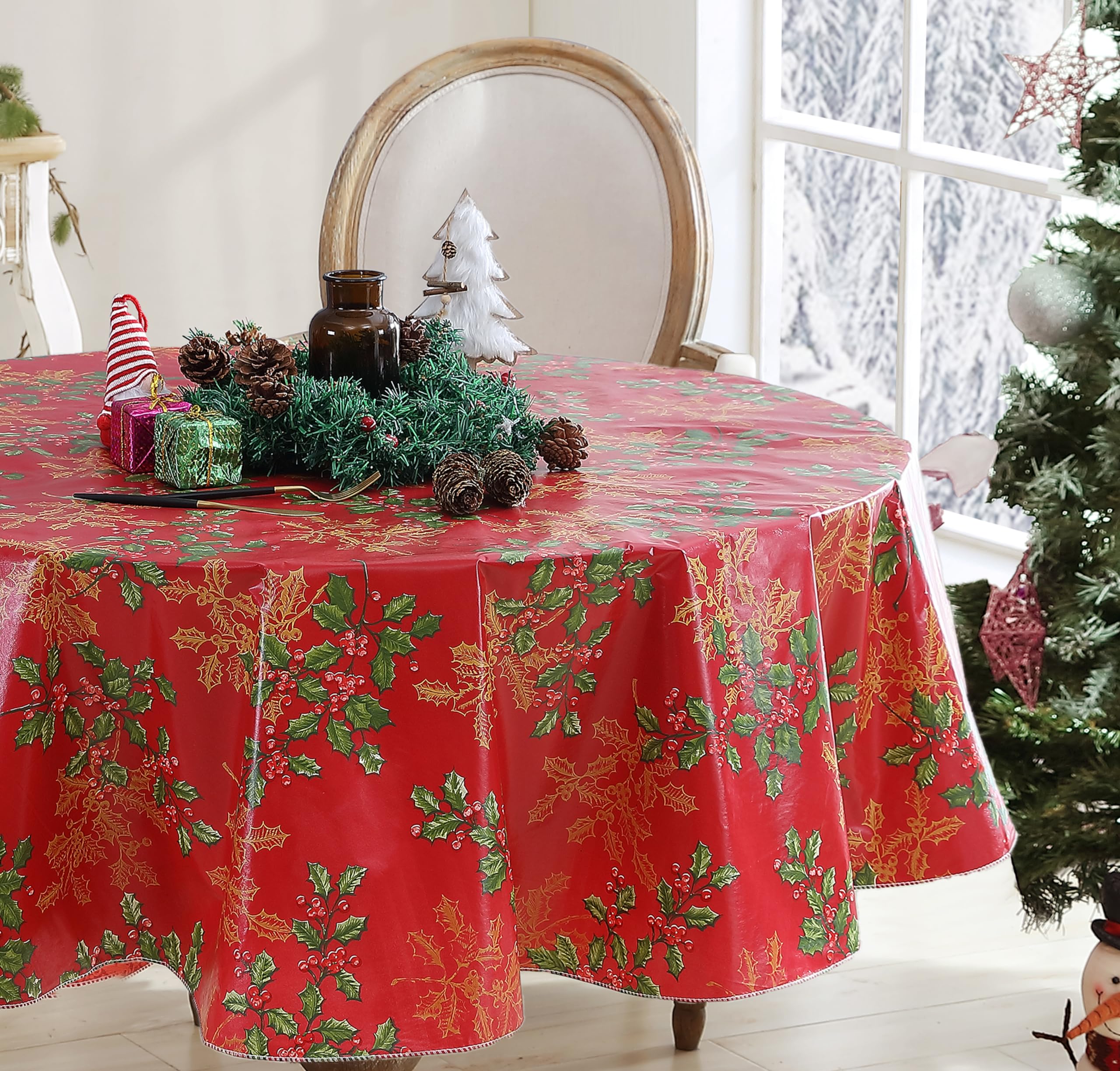 Newbridge Red Golden Holly & Berry Christmas Vinyl Tablecloth - Flannel Backed Holiday Table Cover with Wipe-Clean Easy Care Fabric, 70