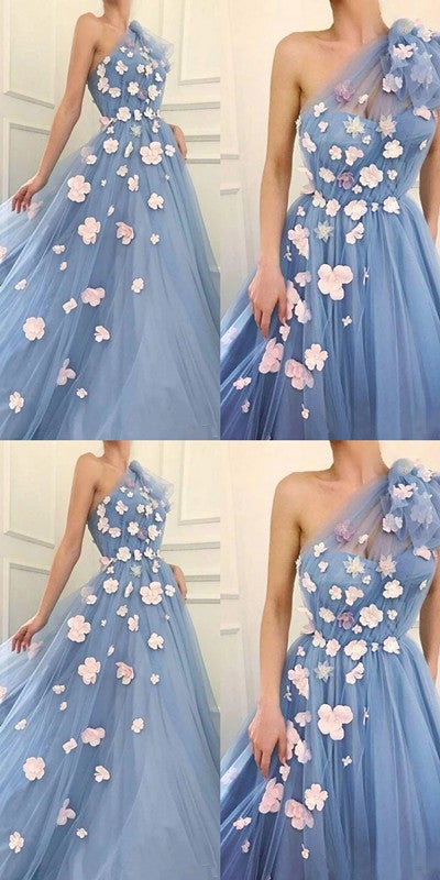 Floral Blue A-Line One Shoulder Long Prom Dresses for Women - Elegant Formal Evening Gowns for Homecoming, Wedding Guest & Special Occasions