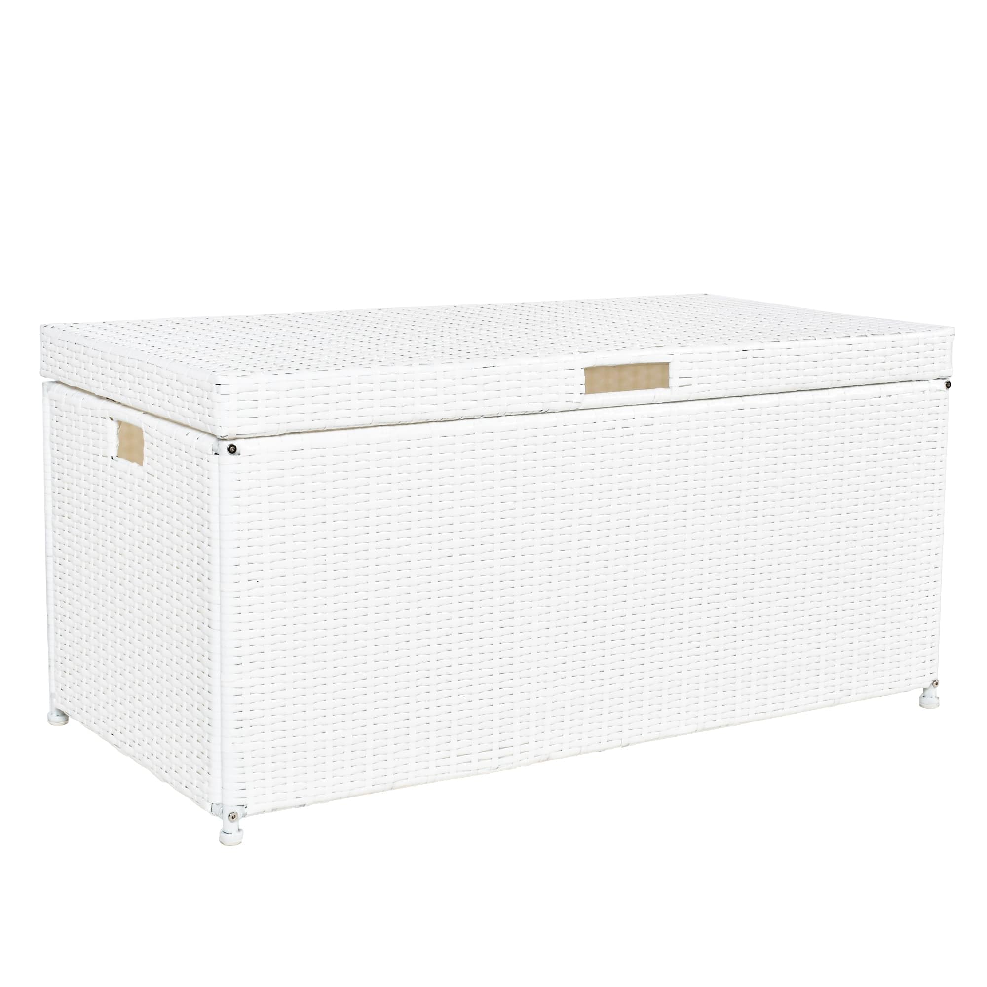 70 Gallon Outdoor Wicker Deck Storage Box with Lid - Weatherproof Patio Furniture Organizer for Cushions, Toys & Pool Accessories - White