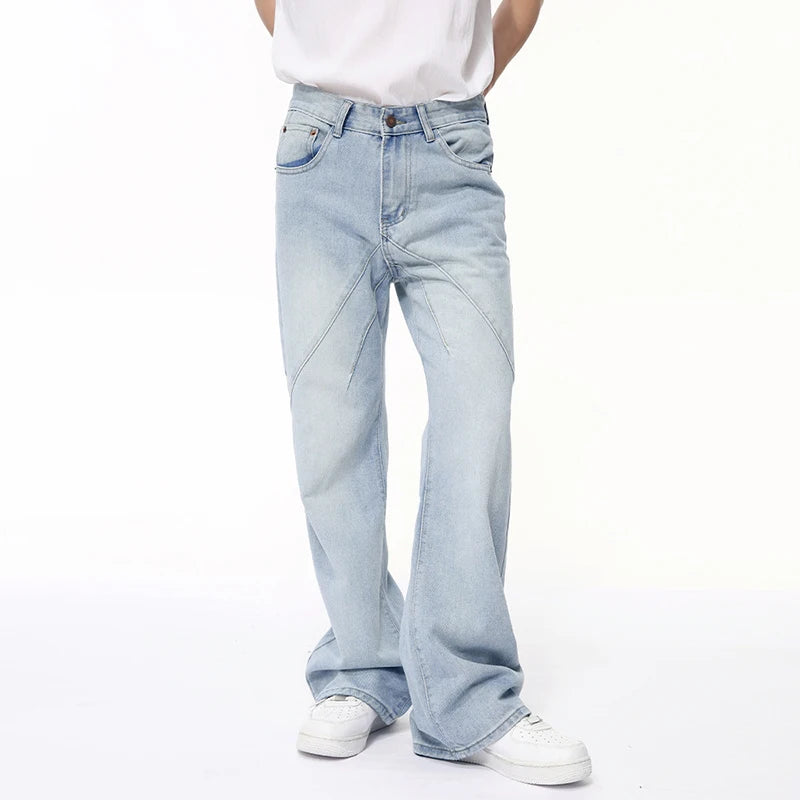 American Style Men's Jeans | Patchwork Design Straight Leg Denim Pants for Men | Wide Leg Casual Male Trousers | Stylish Streetwear (9C6400) | Perfect for Everyday Wear, Urban Fashion & Casual Outings