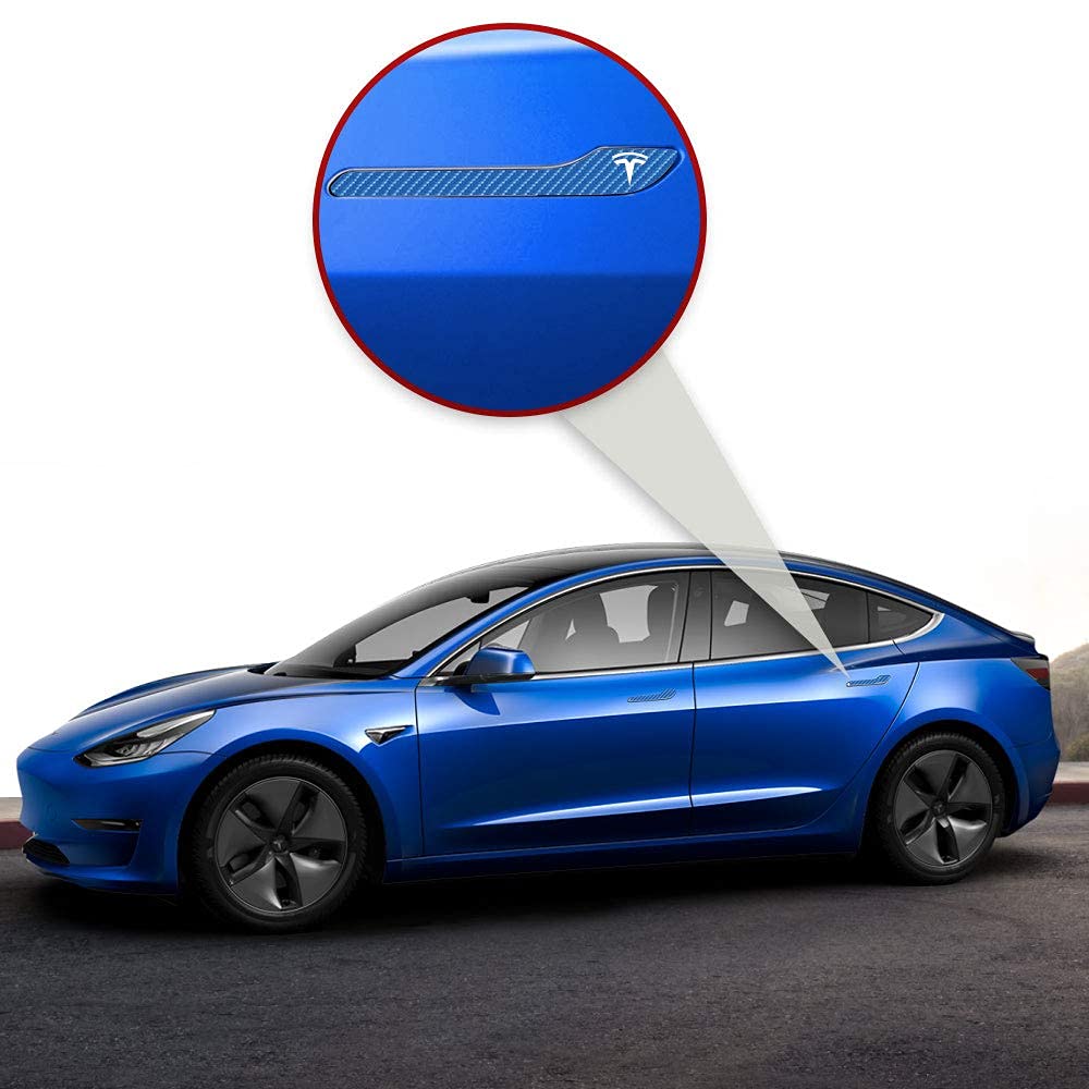 Premium Tesla Model 3 Door Handle Decal Wrap Kit (4-Piece Set) - Blue Carbon Fiber with Tesla Logo - Easy Installation & Car Accessories Upgrade for Style & Protection