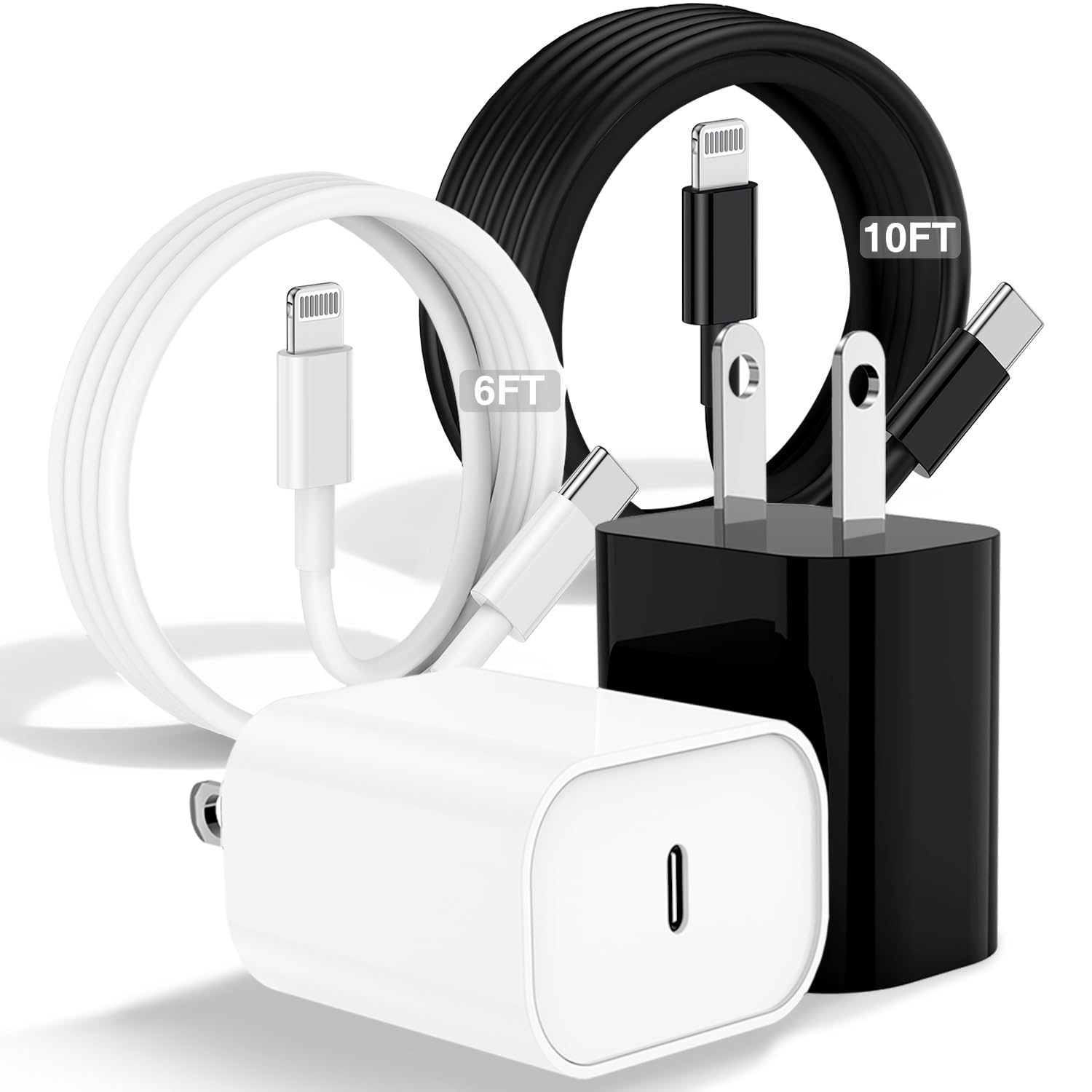 Fast Charging USB C to Lightning Cable [6FT+10FT] - 20W USB C Charger Block for iPhone 14/13/12 Pro Max - White & Black - Perfect for Home, Office, Travel & Car Charging