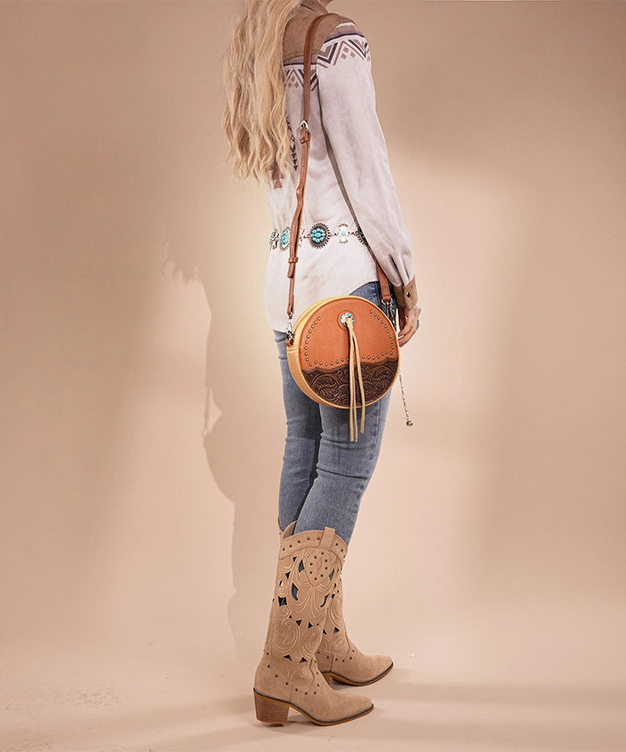 Montana West Tooled Leather Circle Crossbody Bag for Women - Stylish Boho Shoulder Purse for Everyday Use, Travel & Shopping