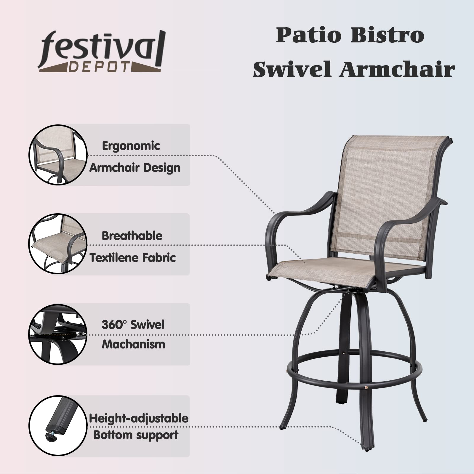 6-Piece Patio Dining Set with Swivel Bar Stools & Tempered Glass Table - Outdoor Metal Bistro Furniture for Yard, Garden, Deck or Poolside (Taupe) - Perfect for Entertaining, BBQs & Relaxing Outdoors