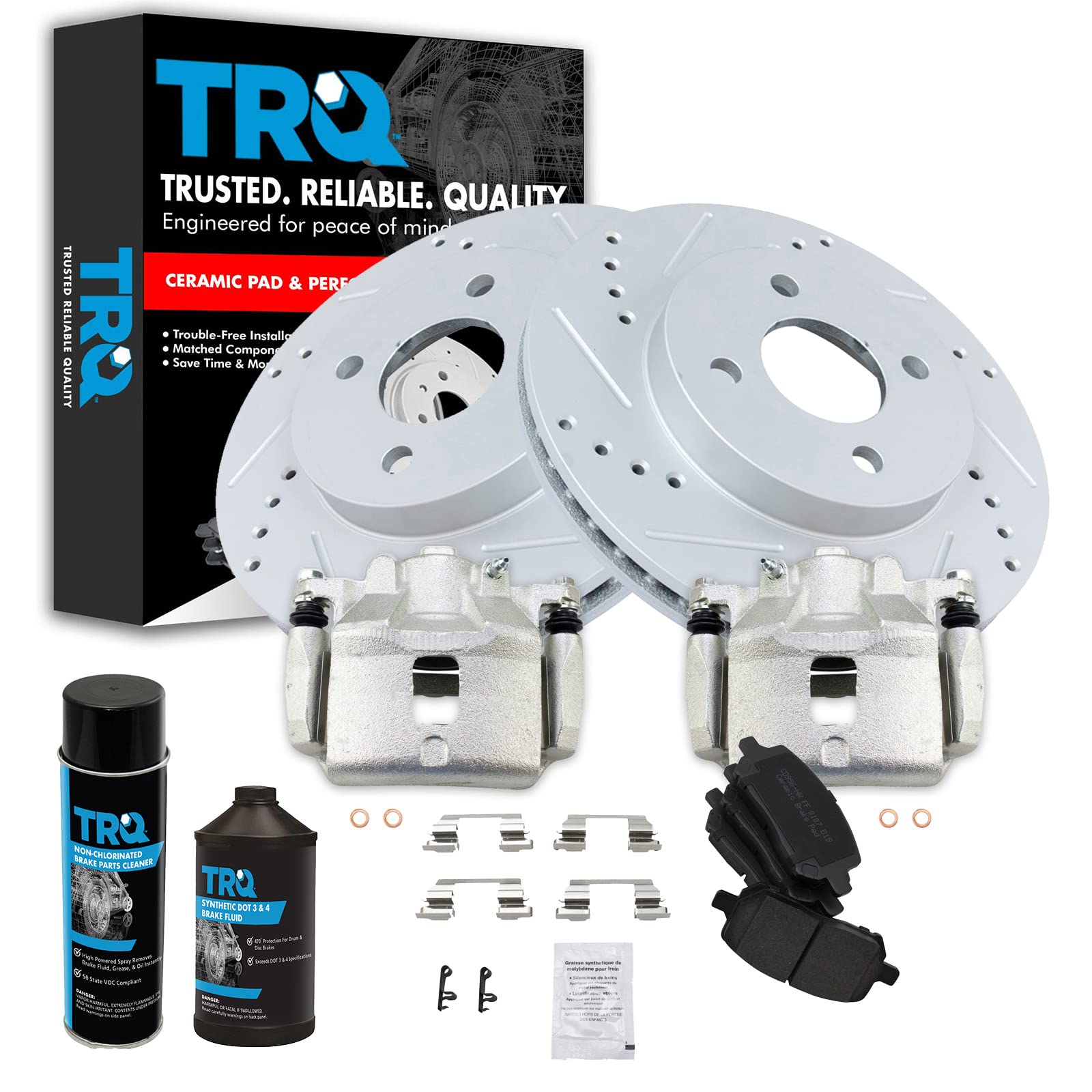 High-Performance TRQ Front Ceramic Brake Pads & Rotors Kit with Calipers for Chevy Silverado, Tahoe, Suburban - Perfect for Off-Roading, Towing, and Daily Driving