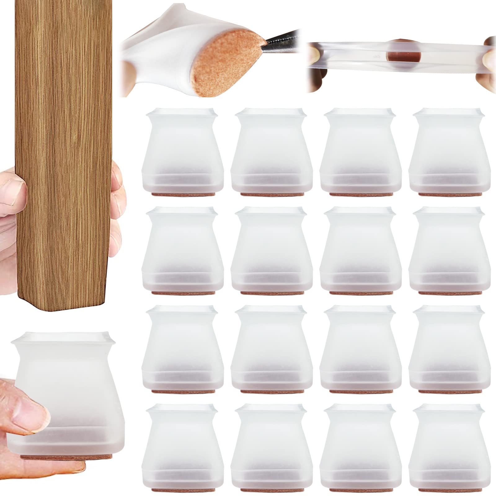 Square & Round Silicone Chair Leg Floor Protectors - 16 Pack Transparent Furniture Leg Covers with Felt for Noise Reduction & Floor Protection | Perfect for Hardwood Floors, Office Chairs & Moving Furniture
