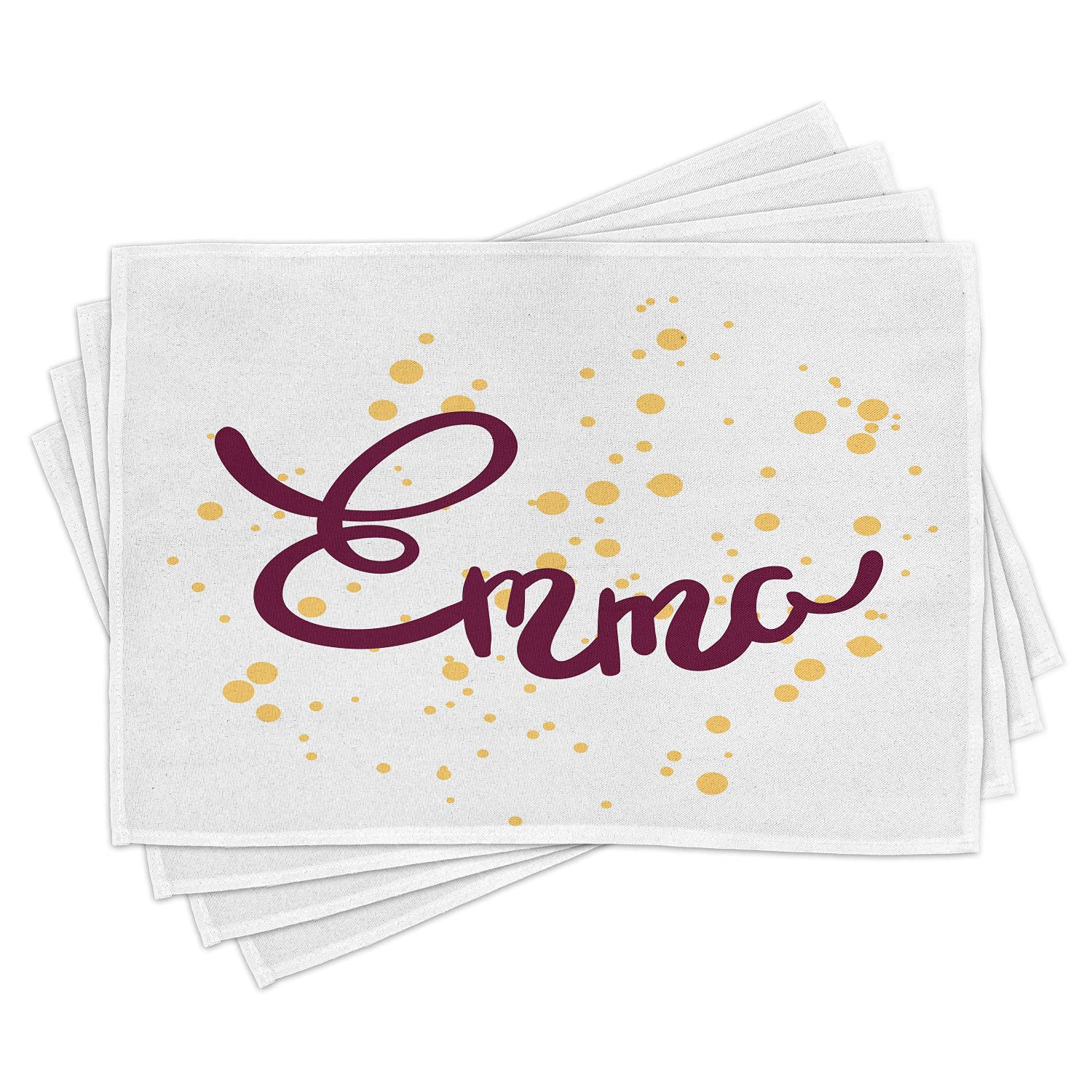 Ambesonne Emma Placemats Set of 4 - Handwritten Letter Design with Swirls on Plain Background, Washable Fabric Table Mats for Dining Room Decor, Standard Size (Mustard & Purple) - Perfect for Dinner Parties, Family Gatherings & Home Styling