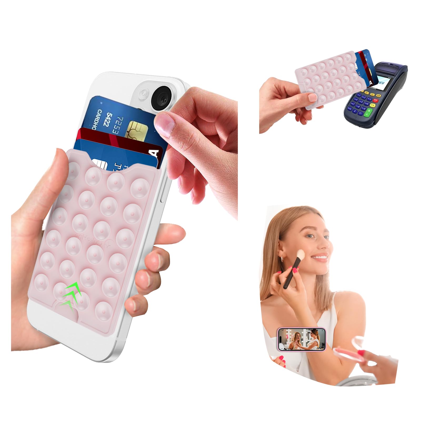 Suction Phone Card Holder - Adhesive Mount Wallet for 3 Cards | Secure & Hands-Free for TikTok Videos, Selfies & Daily Use (Chalk Pink)