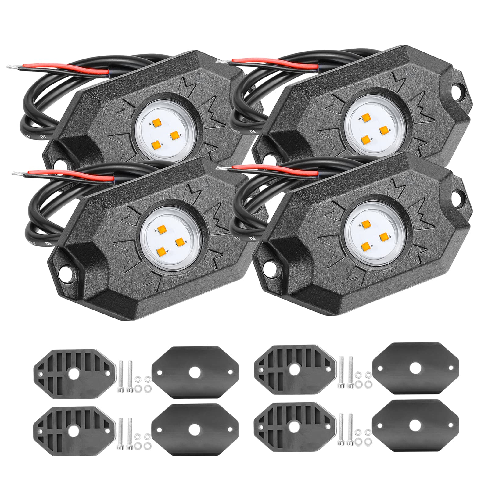 Amber LED Rock Lights Kit - 4 Pods Waterproof Yellow Neon Underglow Lights for Trucks, ATV, UTV, SUV, Car, Boat | Underbody Glow & Trail Rig Lamps for Off-Roading, Night Driving & Vehicle Customization