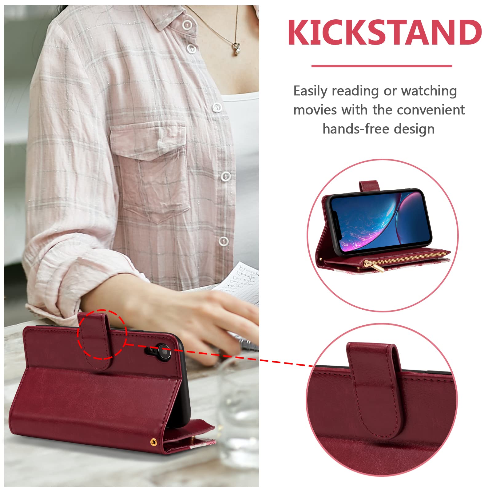 Premium PU Leather Wallet Case for iPhone XR with Magnetic Closure - Rose Design Card Holder & Zipper Pocket (Wine Red) | Perfect for Daily Use, Travel & Hands-Free Convenience