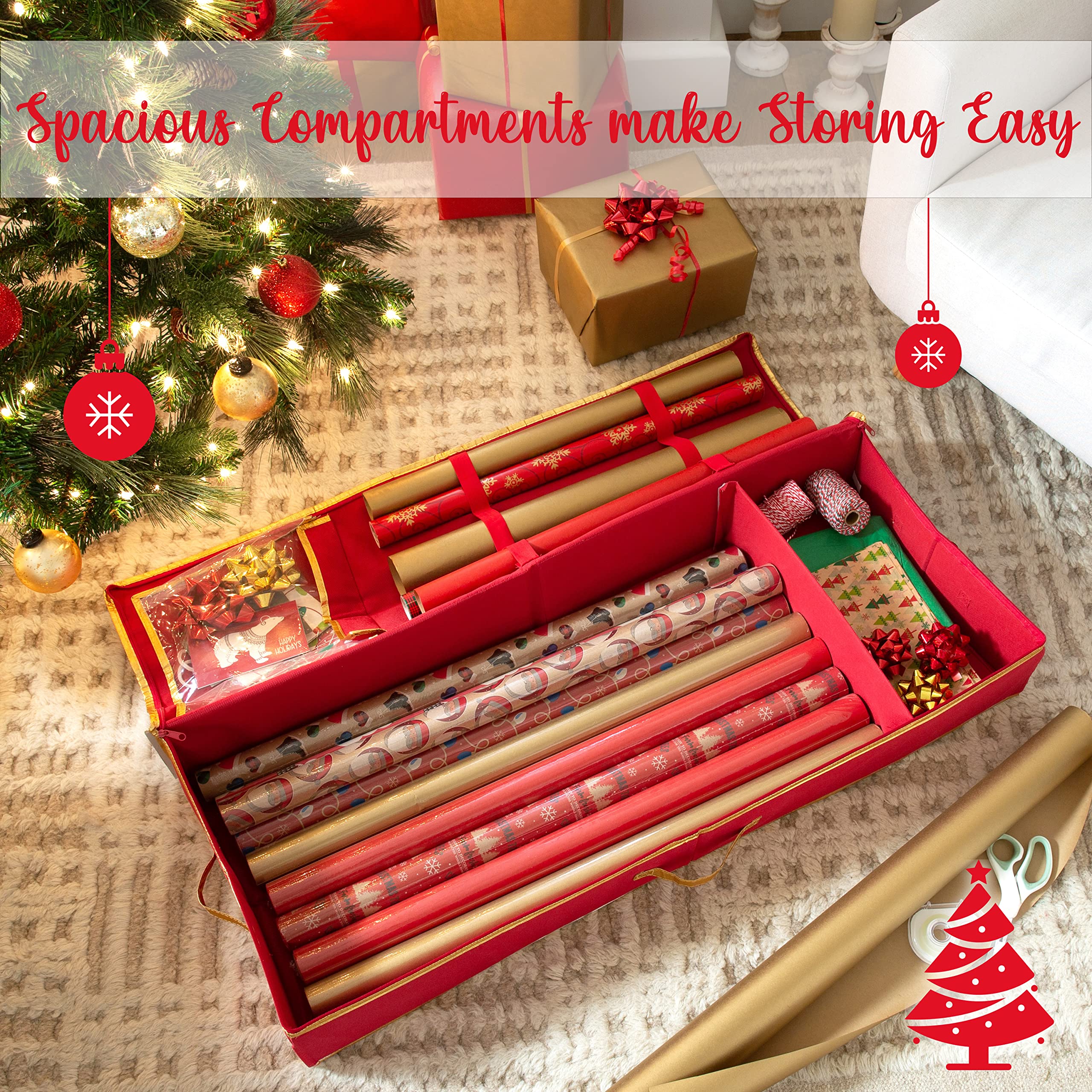 Simplify Holiday Gift Wrap Storage Tote with Compartments for Ribbons & Bows | Zipper Closure & Carry Handle | Christmas Organization Solution | Perfect for Wrapping Paper Storage, Holiday Decor Organization & Gift Wrapping Station (Red)