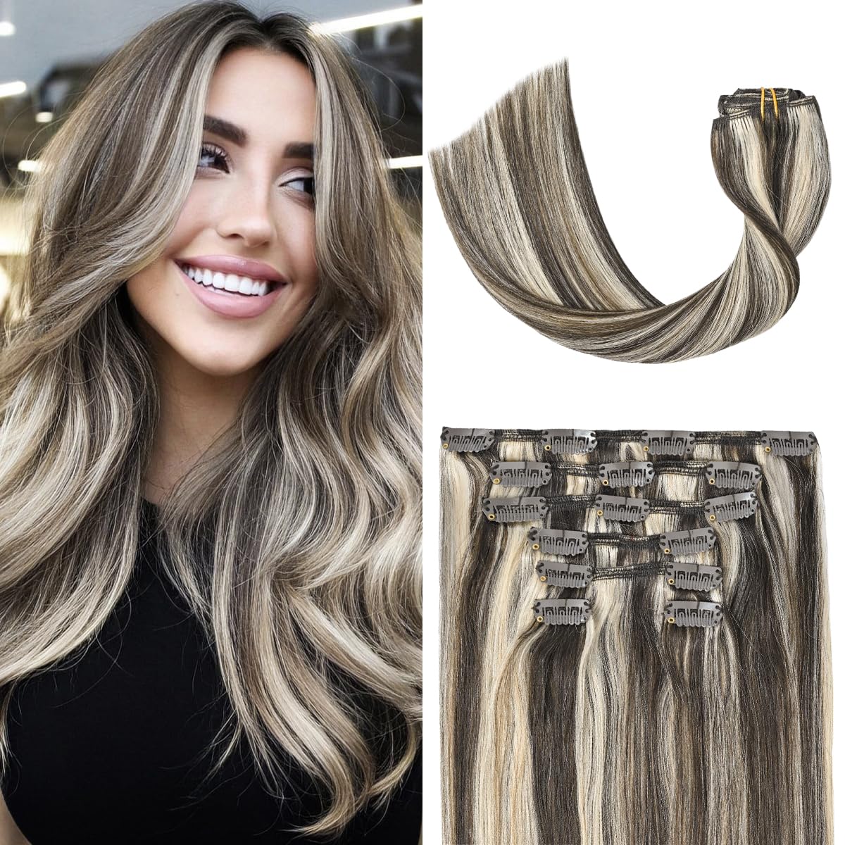Clip in Hair Extensions Dark Brown with Bleach Blonde Highlights - 15 Inch 70g 7pcs Straight Human Hair Weft Extensions (#2p613) for Volume & Length - Perfect for Parties, Weddings & Daily Styling