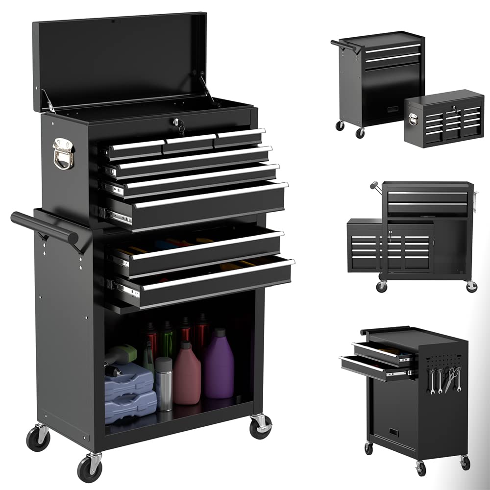 On Shine 8-Drawer Rolling Tool Chest with Lock - Heavy Duty Tool Storage Cabinet with 4 Wheels & Removable Top Box - Perfect for Garage, Workshop, and Warehouse Organization (Cool Black)