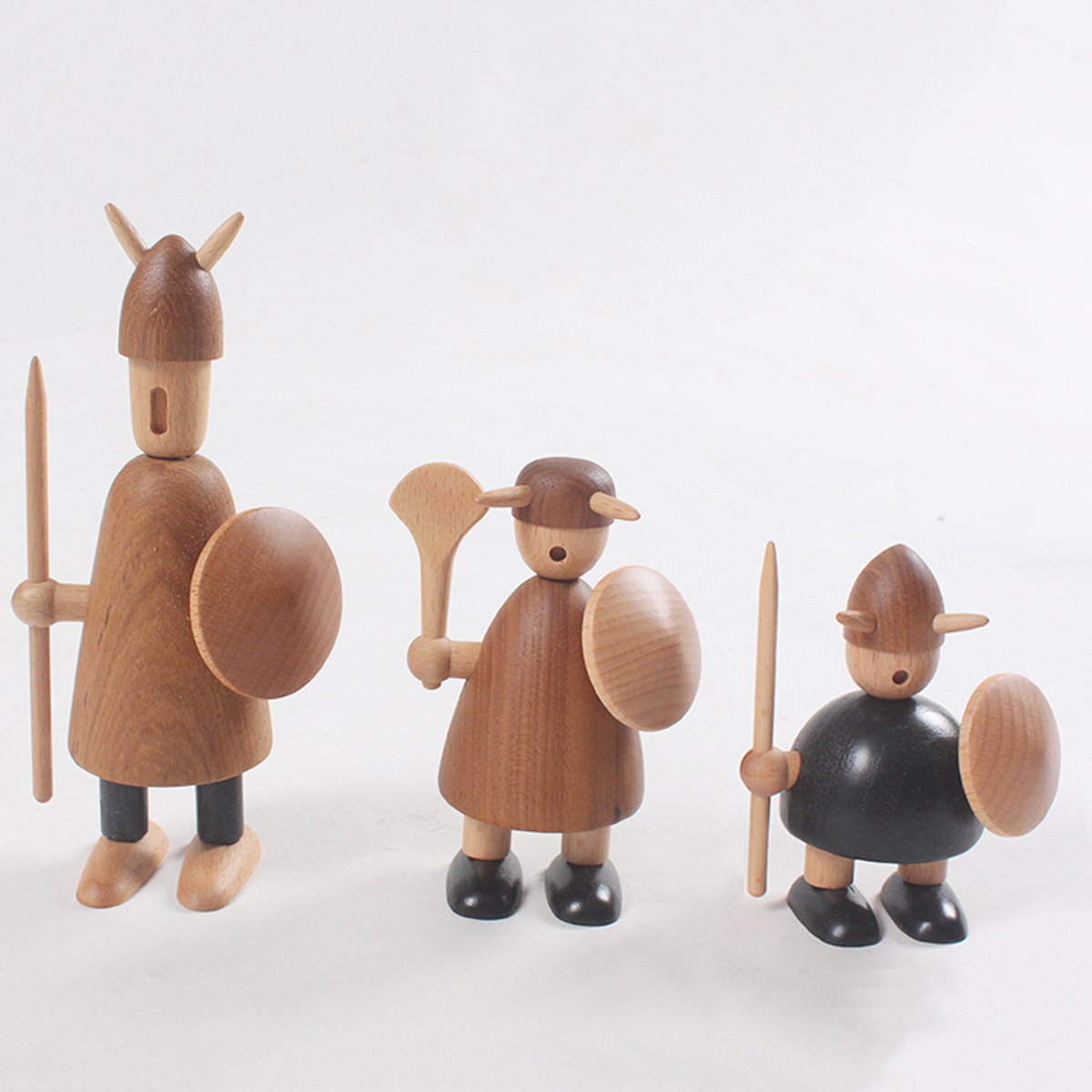Premium Solid Teak Wood Viking Statues Set of 3 - Norse Mythology Home & Office Decor - Perfect for Bookshelf Display, Viking Theme Party, and Medieval Collection