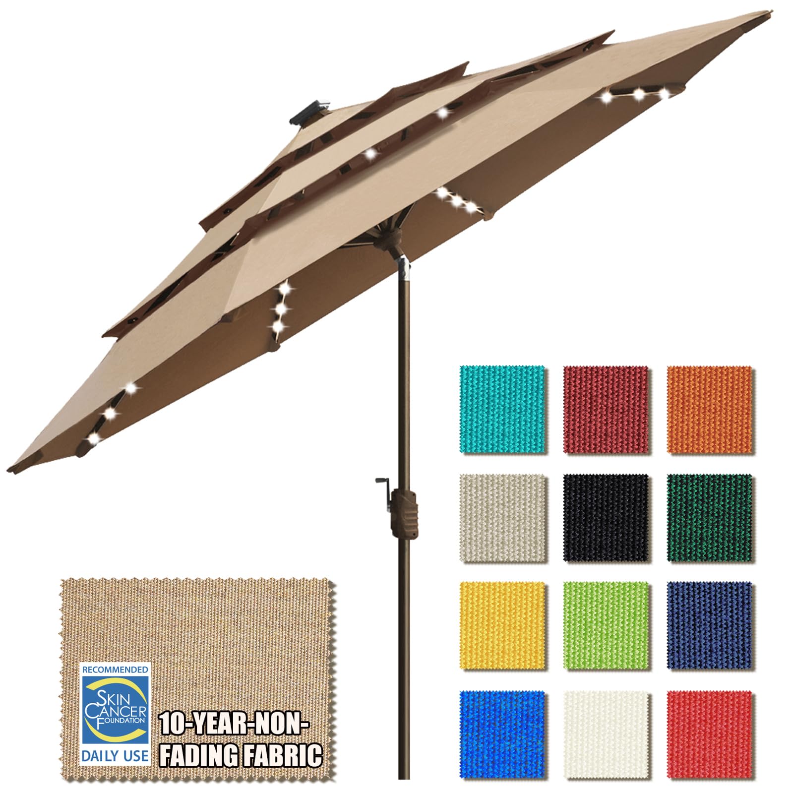 EliteShade USA 10-Year Fade-Resistant 9ft 3-Tier Solar Patio Umbrella with 80 LED Lights - Outdoor Market Umbrella with Ventilation, Heather Beige - Perfect for Backyard, Poolside, and Restaurant Outdoor Dining