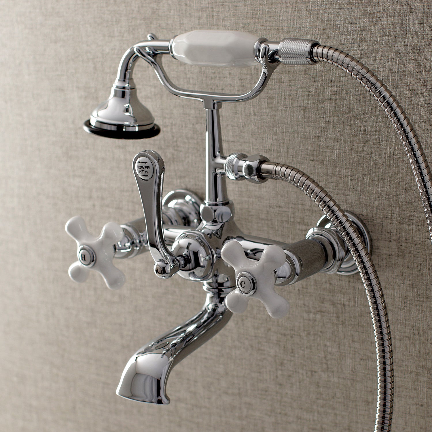 Vintage Clawfoot Tub Faucet with Hand Shower - 3 Handle 2 Hole Wall Mount Bathroom Fixture in Polished Chrome - Perfect for Antique Style Bathrooms & Spa Retreats
