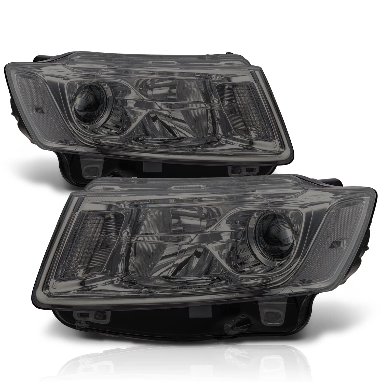M-AUTO Set of 2 Replacement Headlight Assemblies with Halogen Bulbs for 2014-2016 Jeep Grand Cherokee Pre-Facelift - Chrome Housing, Smoke Lens, Clear Corner Headlights - Perfect for Night Driving & Off-Road Adventures