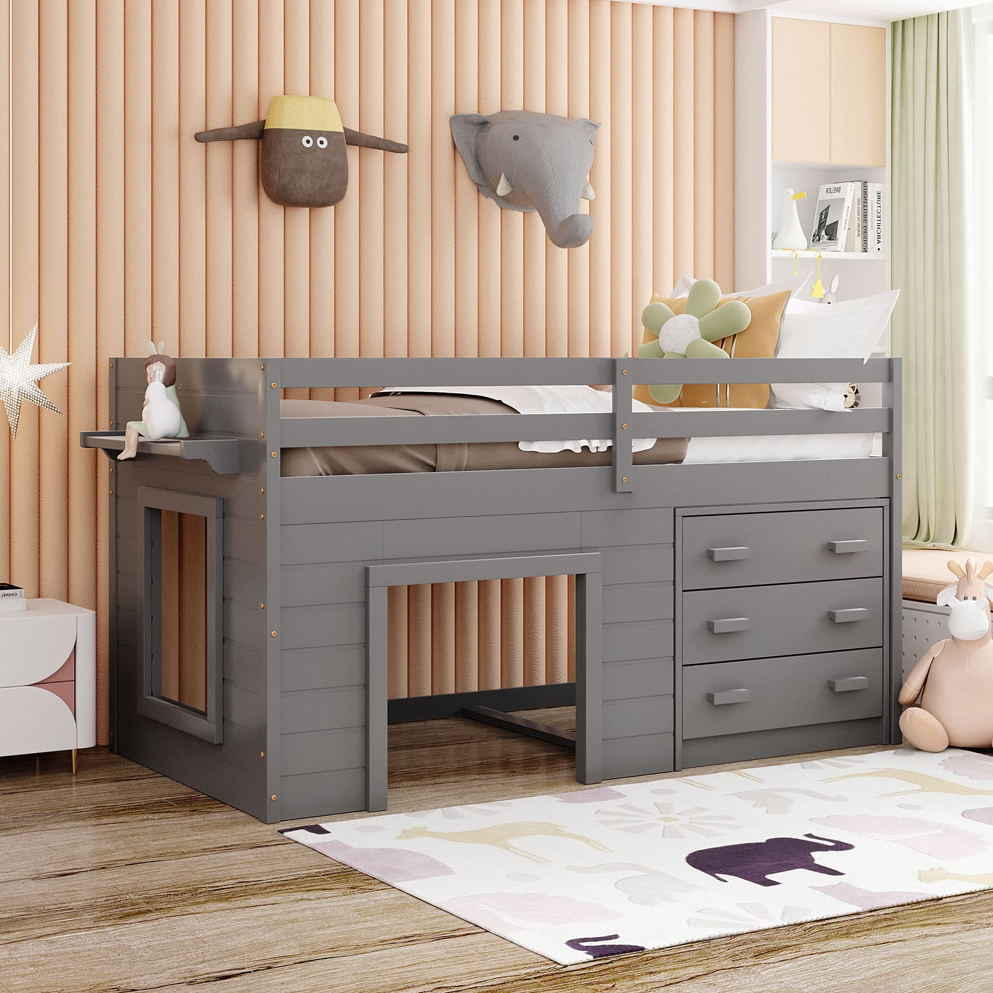 Twin Loft Bed with Storage - Solid Wood Frame for Kids - Space-Saving Gray Bedroom Solution