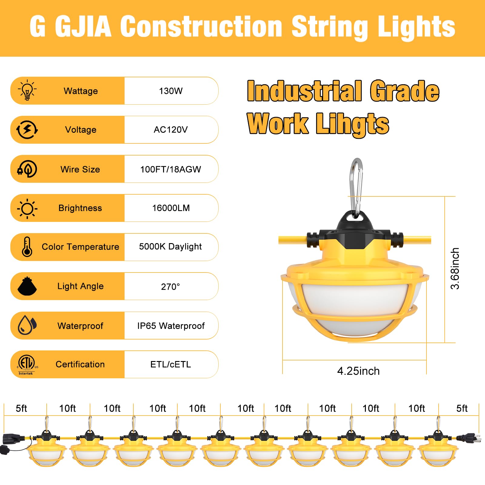 100FT Heavy Duty LED String Lights - 130W 16000LM Industrial Grade Construction Lighting with 3 Prong Plug & Protective Cages - Perfect for Job Sites, Temporary Work Areas, Outdoor Events, Backyard Parties, and Emergency Lighting