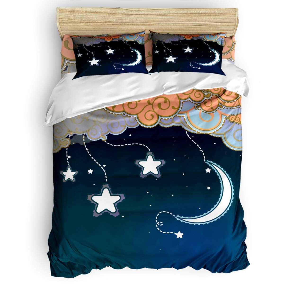 4PCS Kids Bed Sheet Set - Mythological Story Auspicious Clouds Moon Stars Duvet Cover Set with 1 Comforter Cover, 1 Fitted Sheet & 2 Pillowcases (Twin Size) | Soft Cotton Bedding for Boys & Girls | Perfect for Kids' Bedrooms, Sleepovers & Nursery Decor