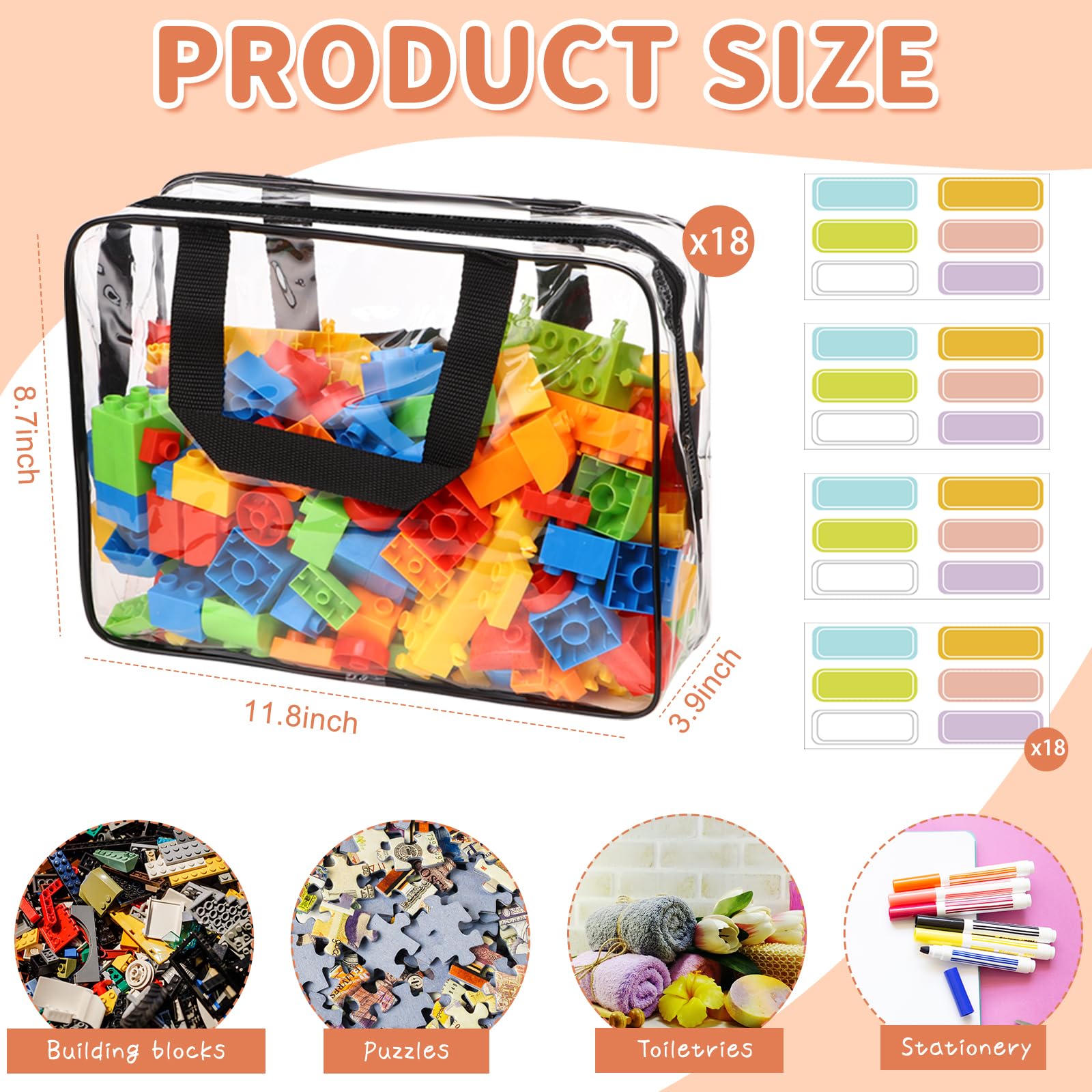 18 Pack Large Waterproof Clear PVC Toy Storage Bags with Zipper & Labels - Organizer for Kids Toys, Building Blocks, Puzzles, Books - Perfect for Home Organization & Travel Storage