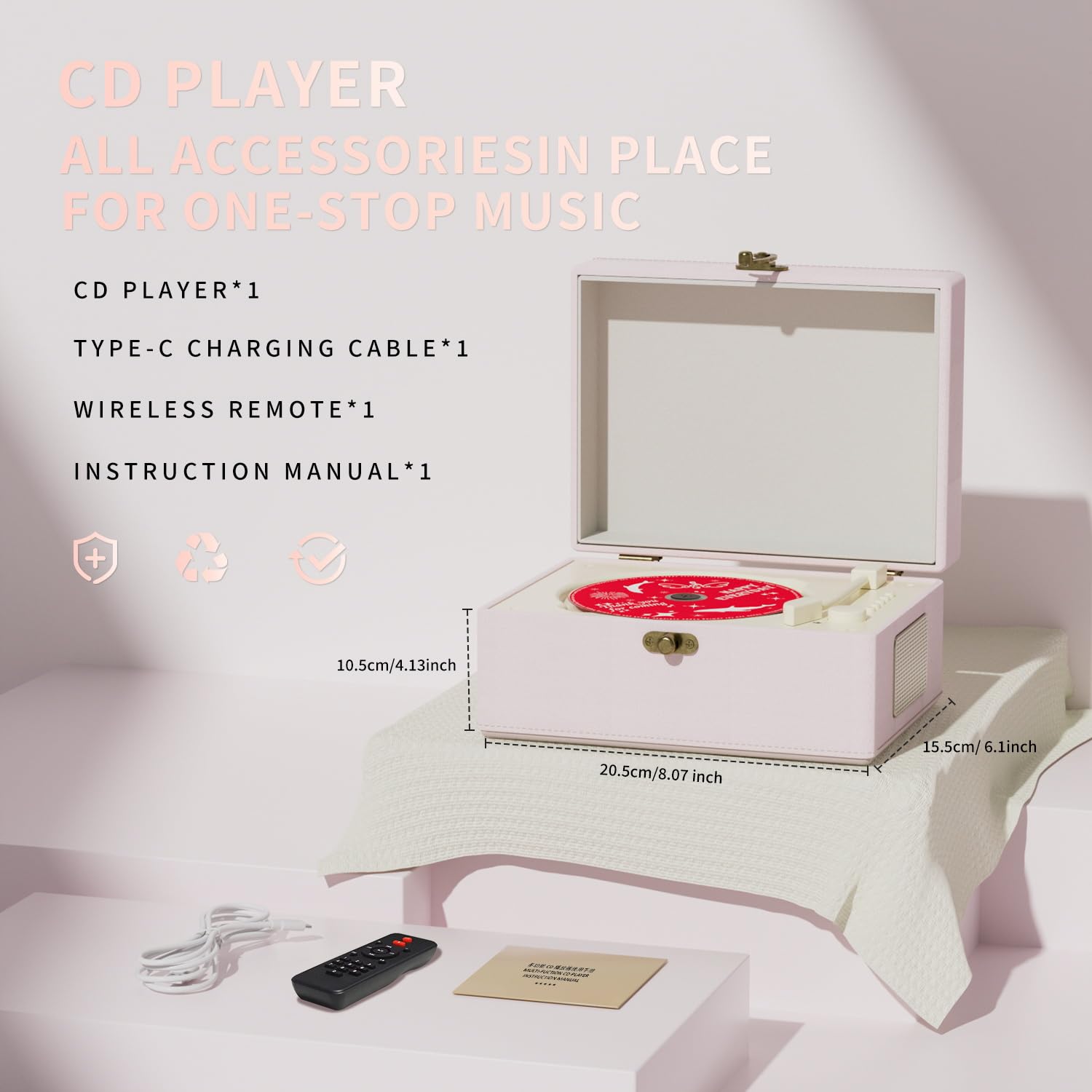 Time Music Box CD Player with Bluetooth & Speakers - Wireless Audio Transmitter for Home, Office, or Party | Perfect Gift for Music Lovers & Home Decor (Pink)