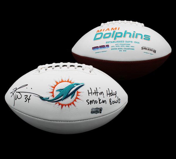 Authentic Ricky Williams Signed Miami Dolphins Embroidered White NFL Football with 'Hitting Holes Smoking Bowls' Inscription - Collectible Sports Memorabilia for Fans & Display