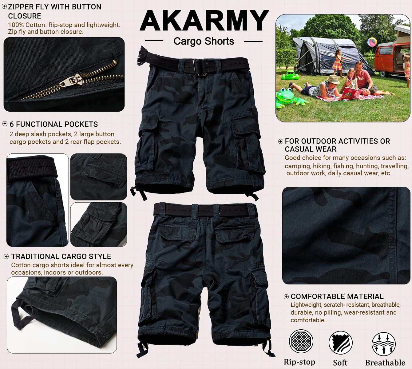 AKARMY Men's Camo Cargo Shorts - Tactical Outdoor Shorts with Multiple Pockets, Breathable Cotton, No Belt Needed | Perfect for Hiking, Camping & Casual Wear