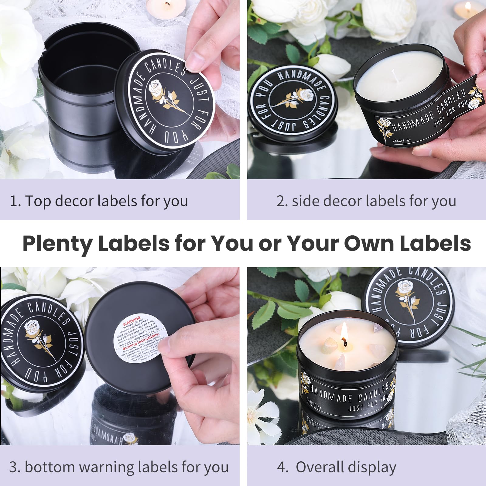 CONNOO 24 Pack Candle Tins - 12pcs 8oz & 12pcs 4oz Matte Black Empty Candle Jars with Lids for DIY Candle Making, Storage & Gifts - Includes Sticky Warning Labels - Perfect for Home Decor, Wedding Favors & Aromatherapy